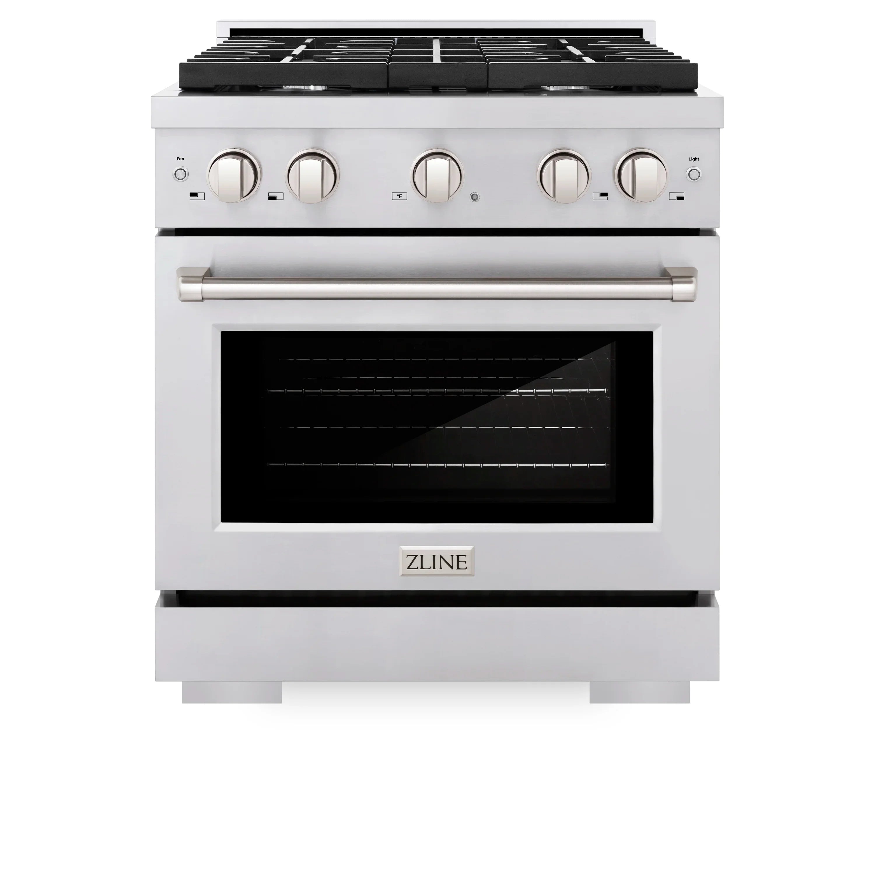 Stainless steel dual fuel range with front control knobs and oven door window