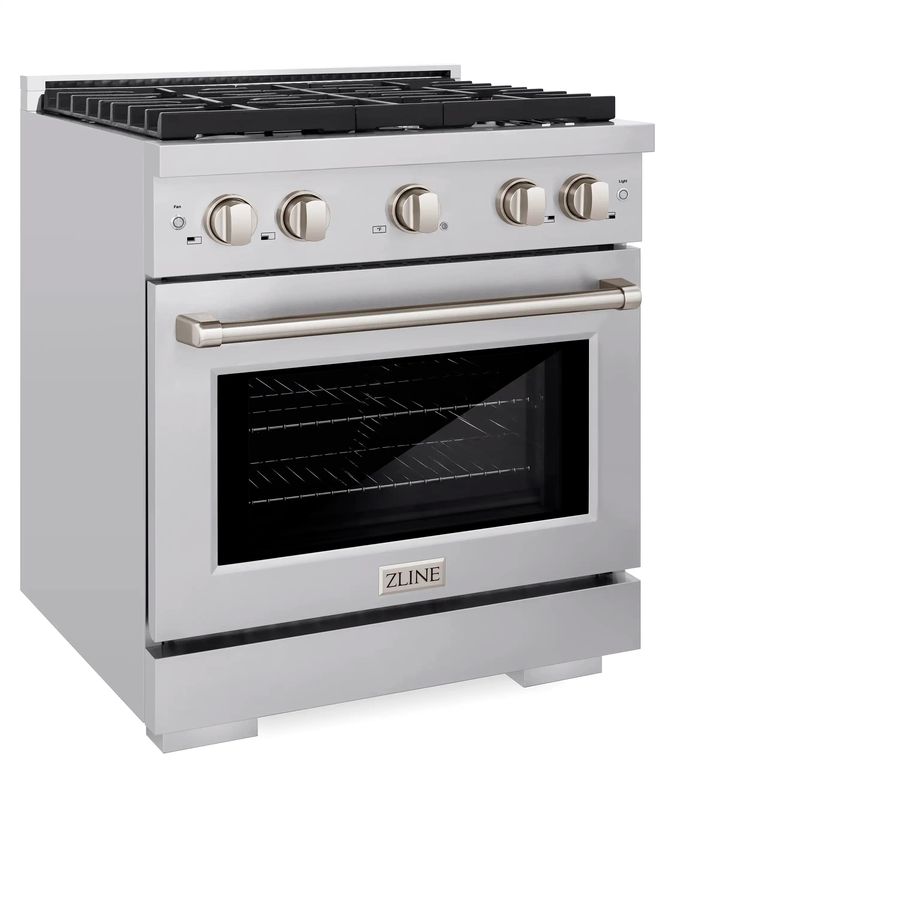 Stainless steel dual fuel range with black cooktop grates, round knobs, and oven door