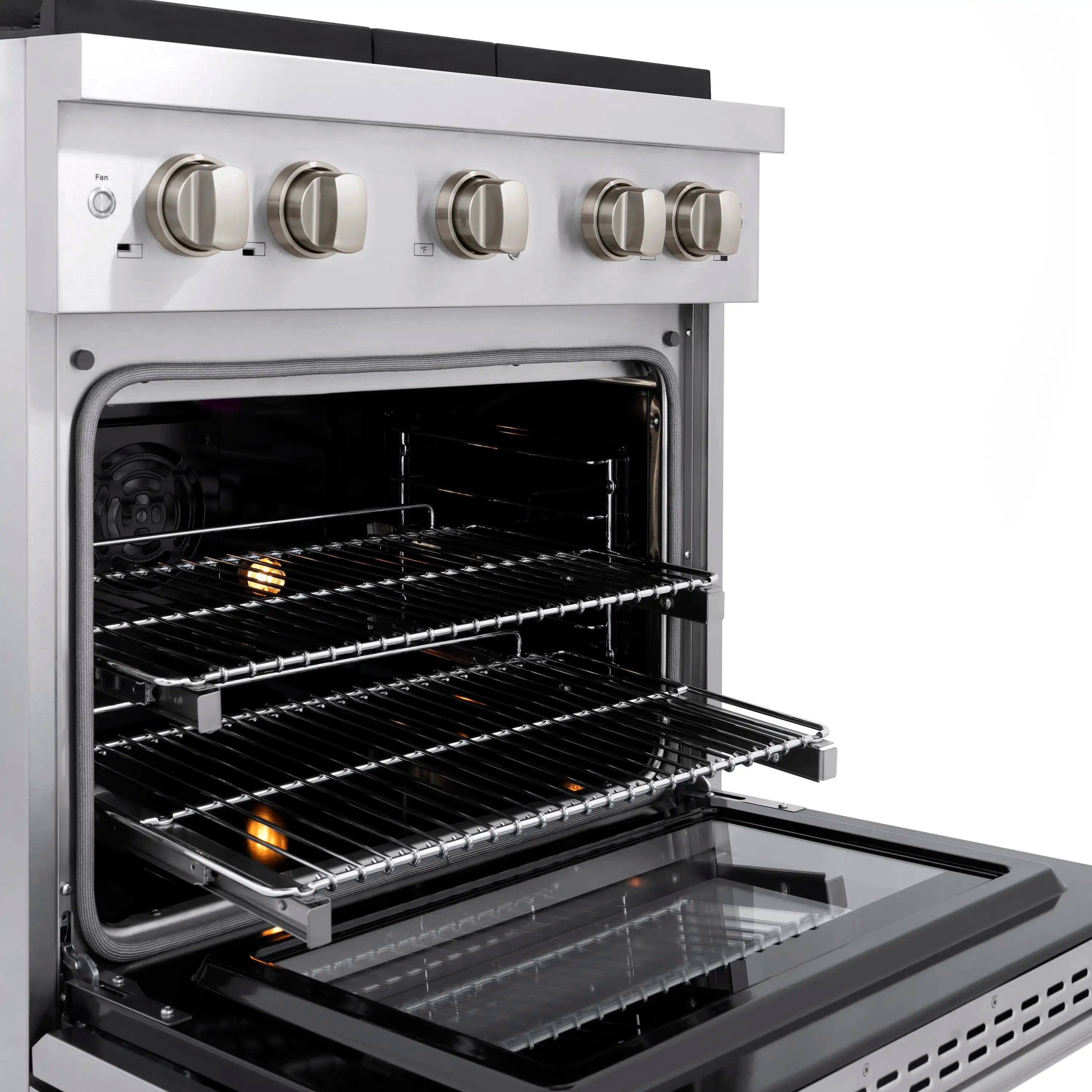 Stainless steel dual fuel range with lit burners and oven racks
