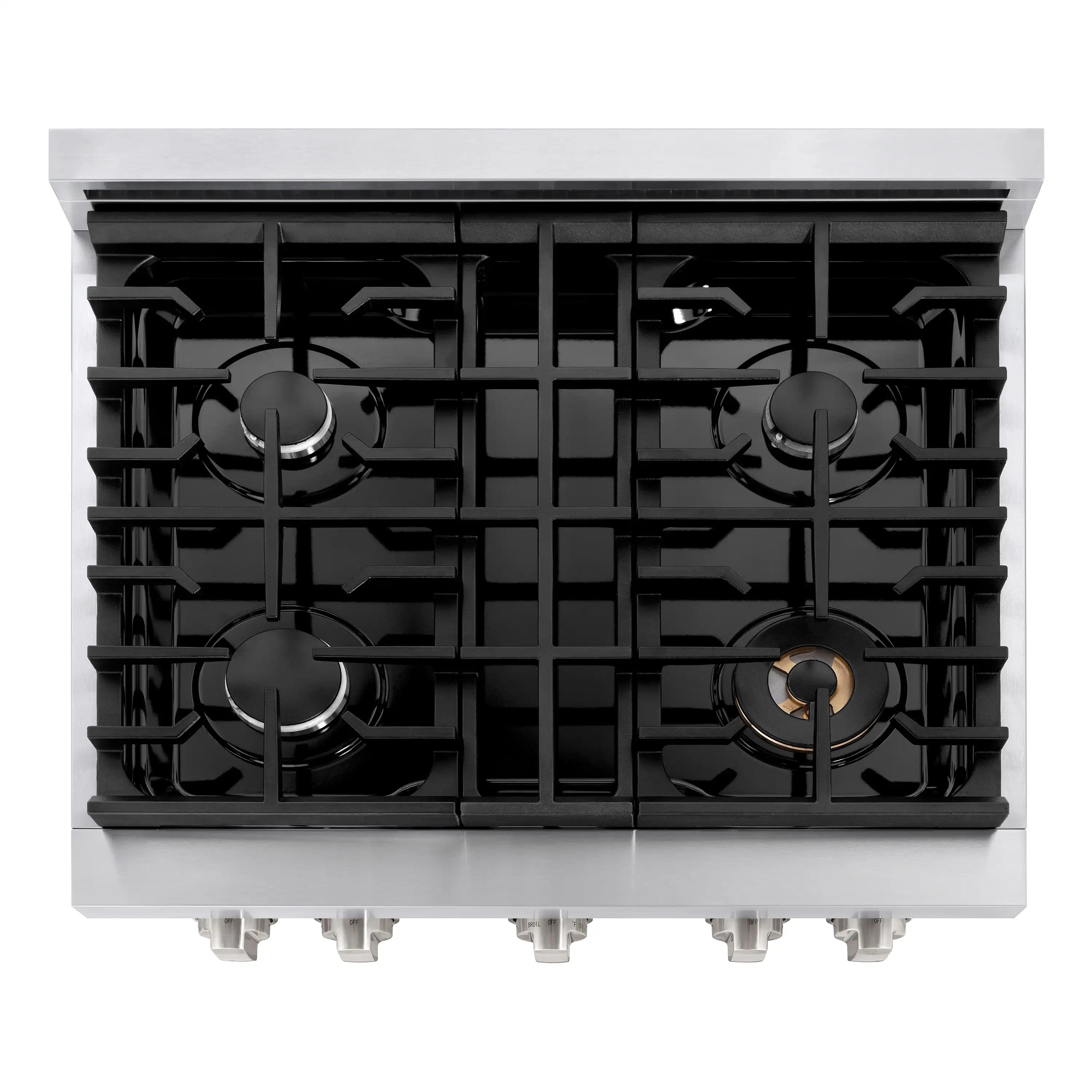Five-burner dual-fuel cooktop with black cast grates and burner knobs