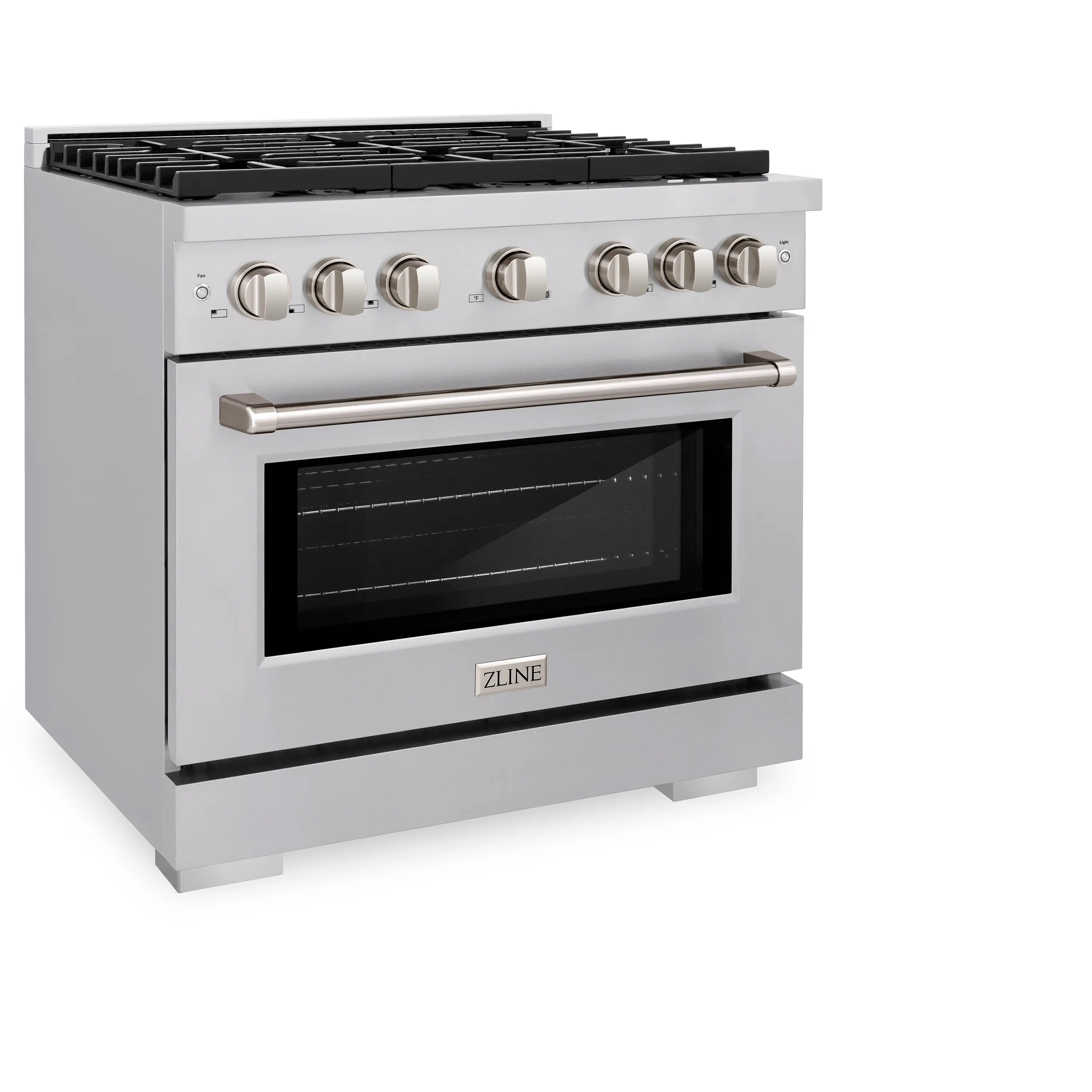 Stainless steel dual-fuel range with black grates, front knobs, and closed oven door