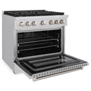 ZLINE 5-Piece Appliance Package - 36-Inch Paramount Dual Fuel Range, Wall Mount Range Hood, 36-Inch French Door Refrigerator, Dishwasher, and 30-Inch Microwave Drawer in Stainless Steel
