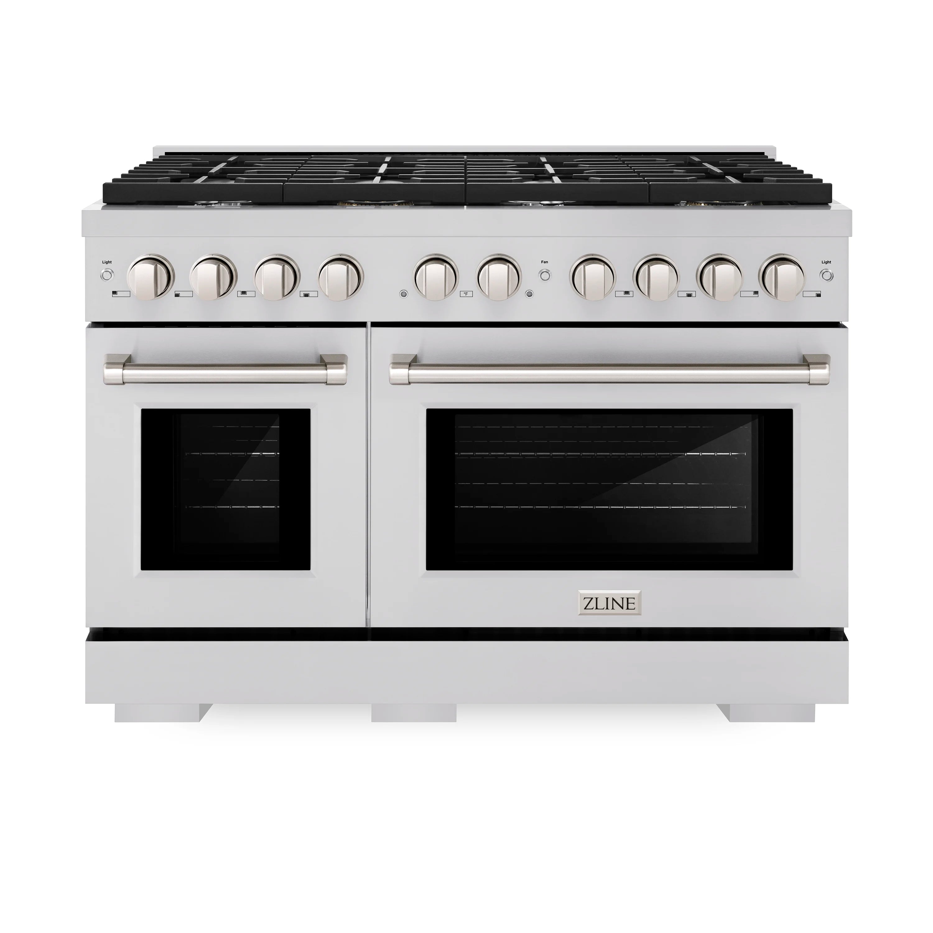 Stainless steel dual fuel range front with two oven doors and 8 burner knobs