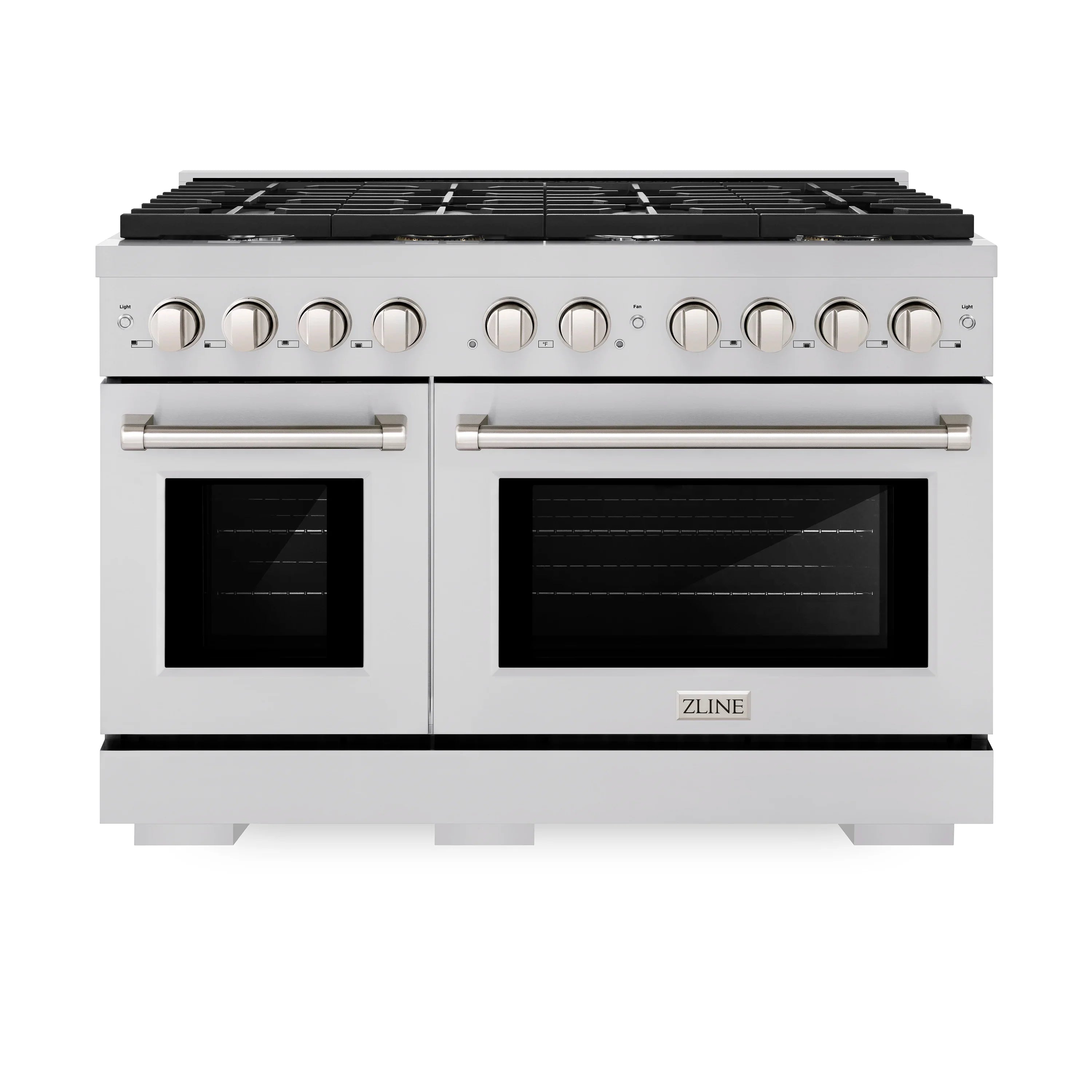 Stainless steel dual fuel range with black glass top, two ovens and control knobs