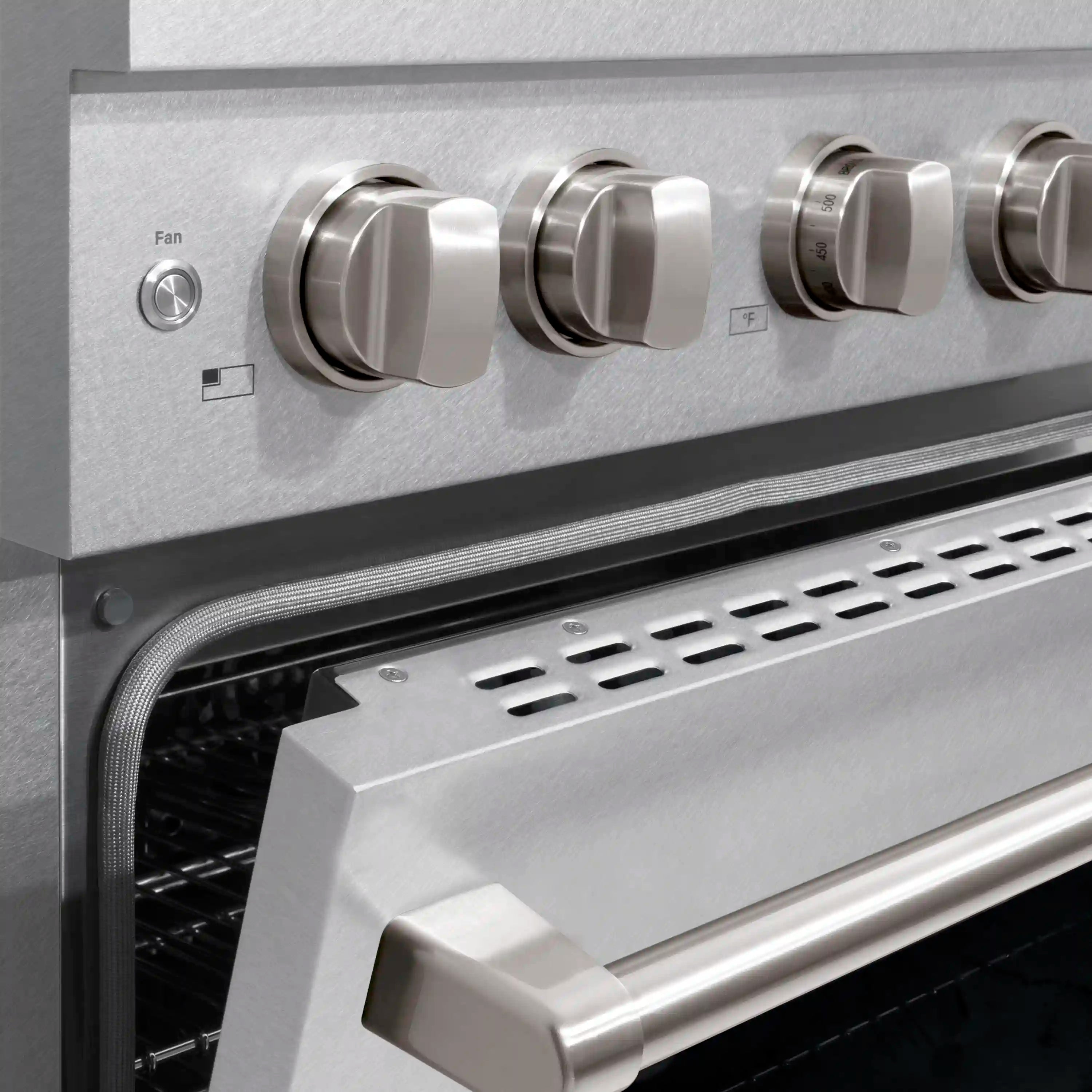 ZLINE control panel with large knobs and stainless steel vented trim