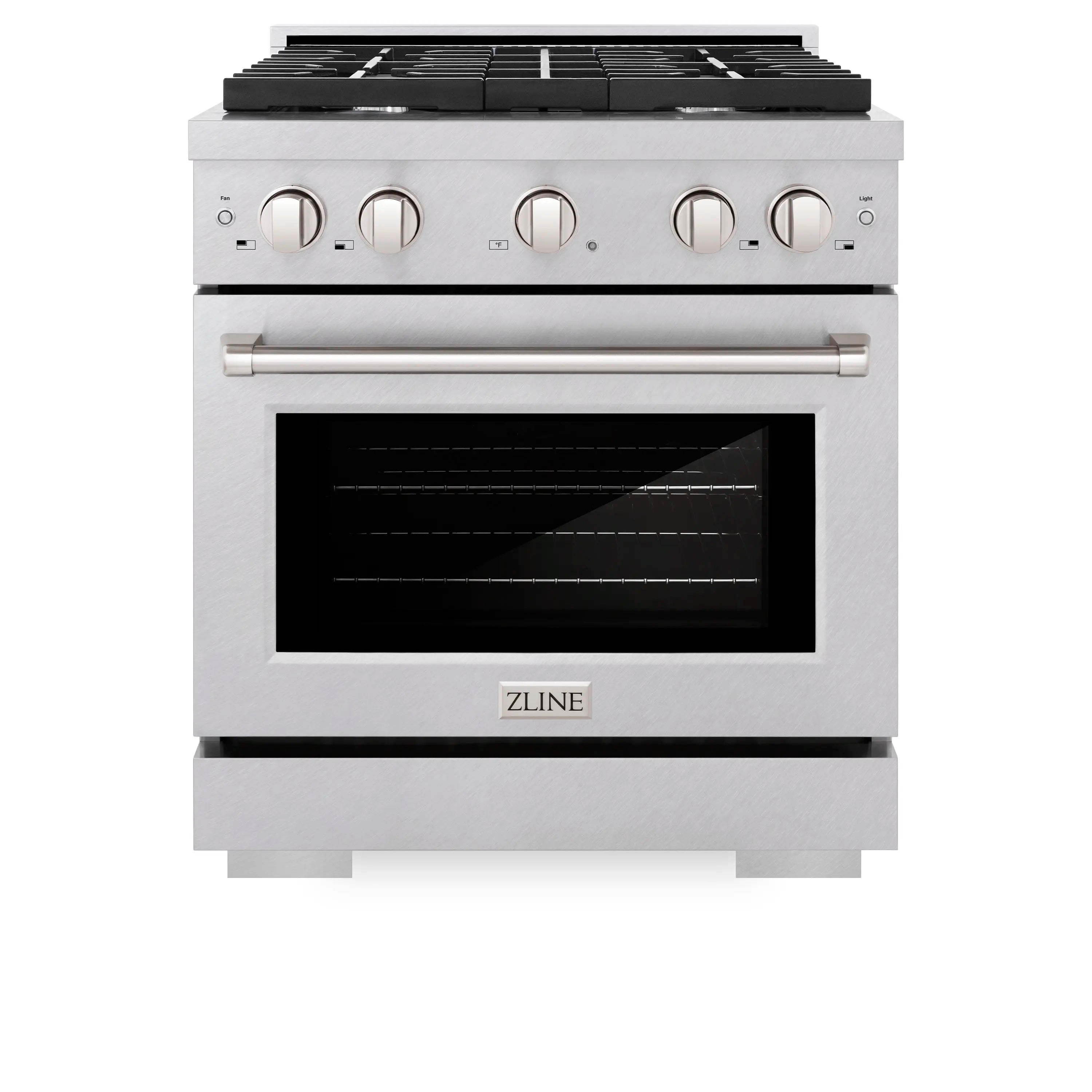 Satin stainless steel dual fuel range with four burner controls and glass oven door