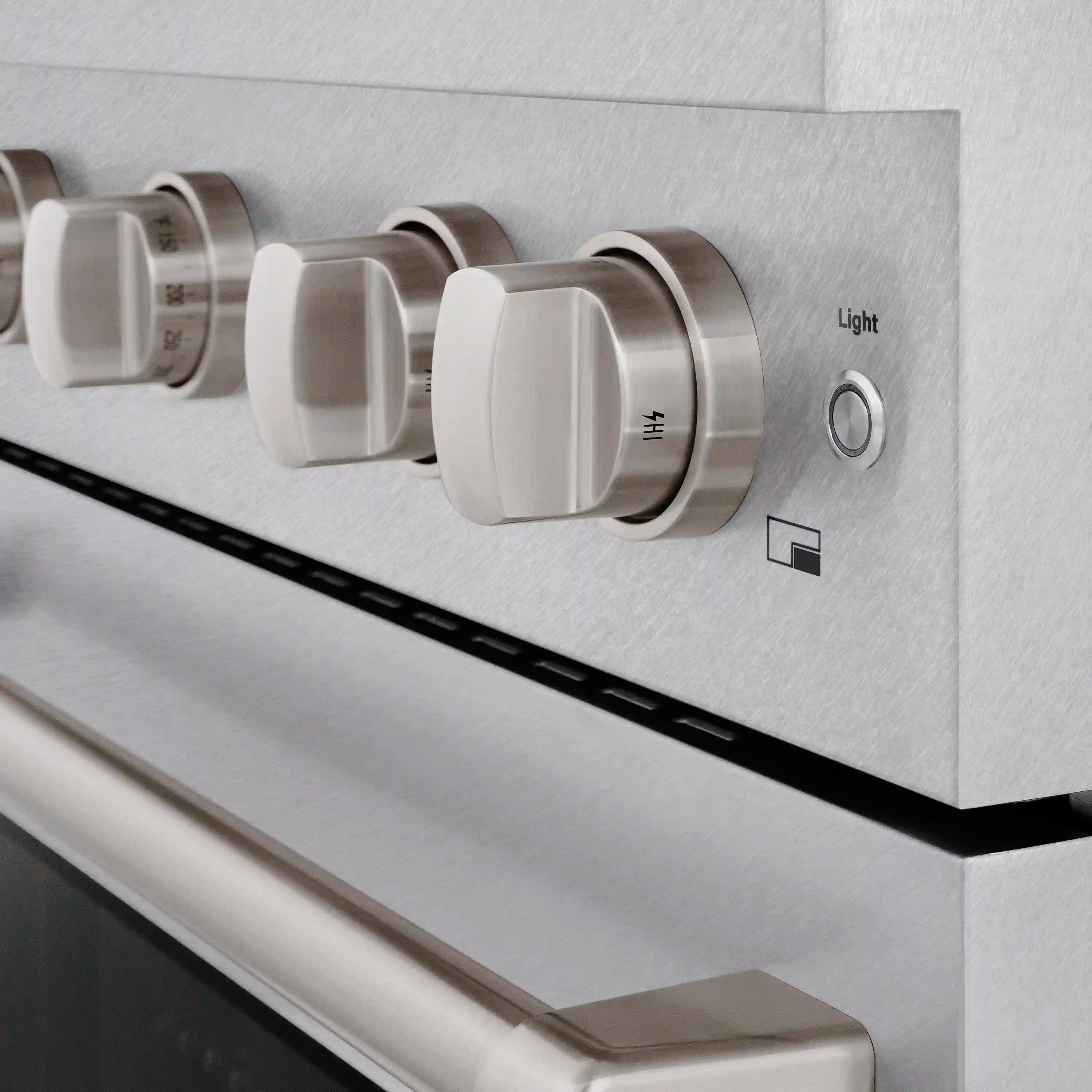 Satin stainless steel control panel with rounded burner knobs, including Light setting