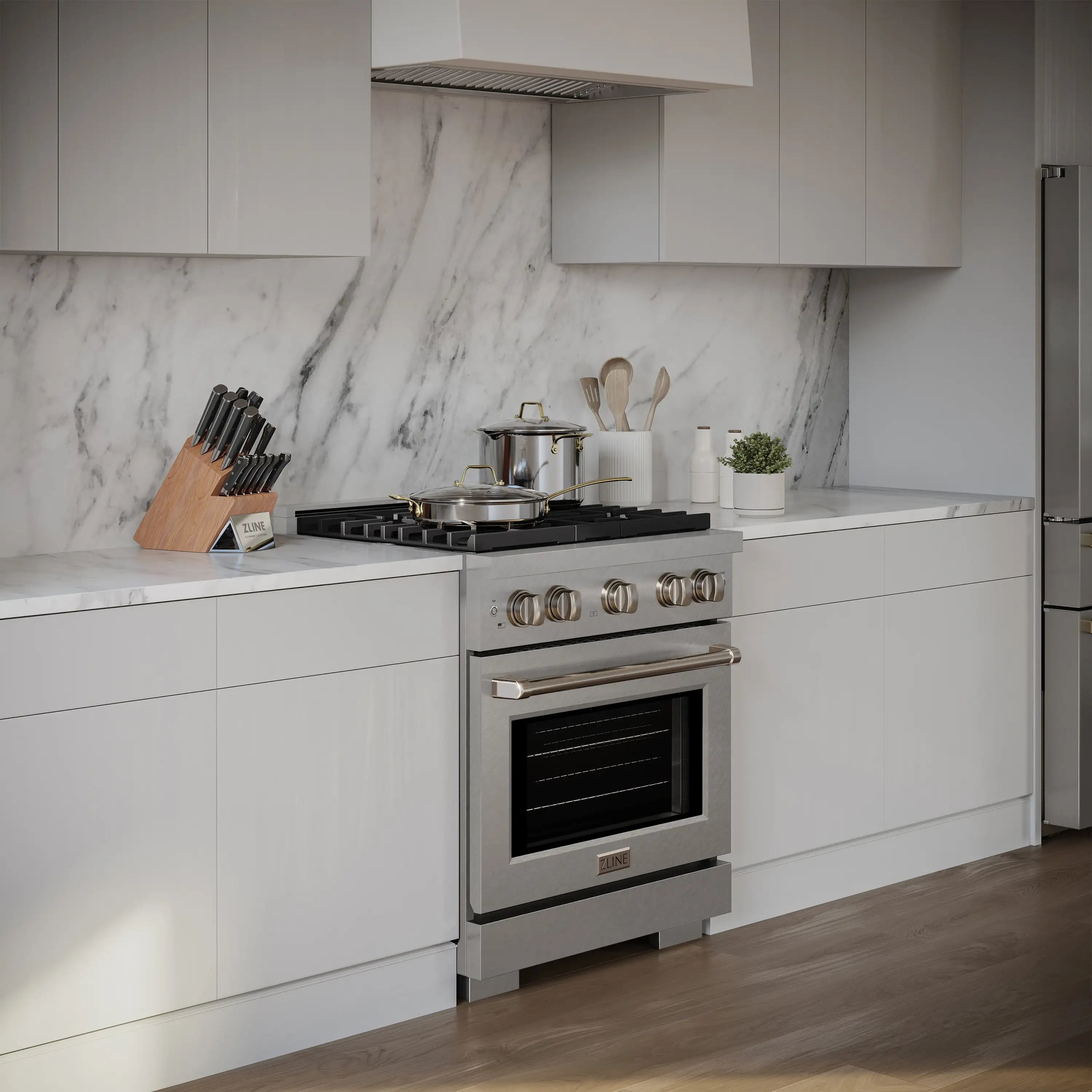 ZLINE satin stainless steel dual fuel range with cooktop knobs and oven door