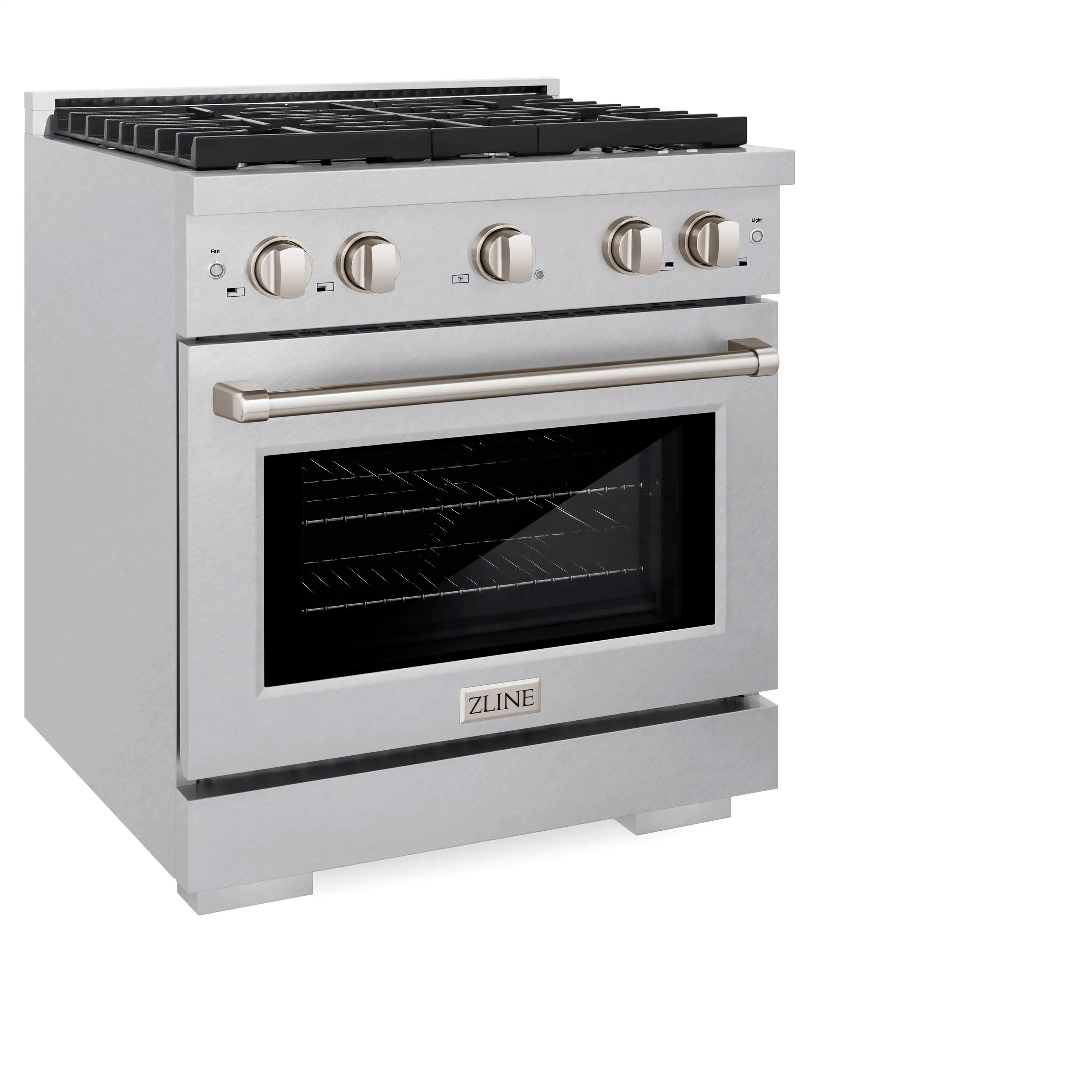 Satin stainless steel range with four burner cooktop, control knobs, and closed oven door