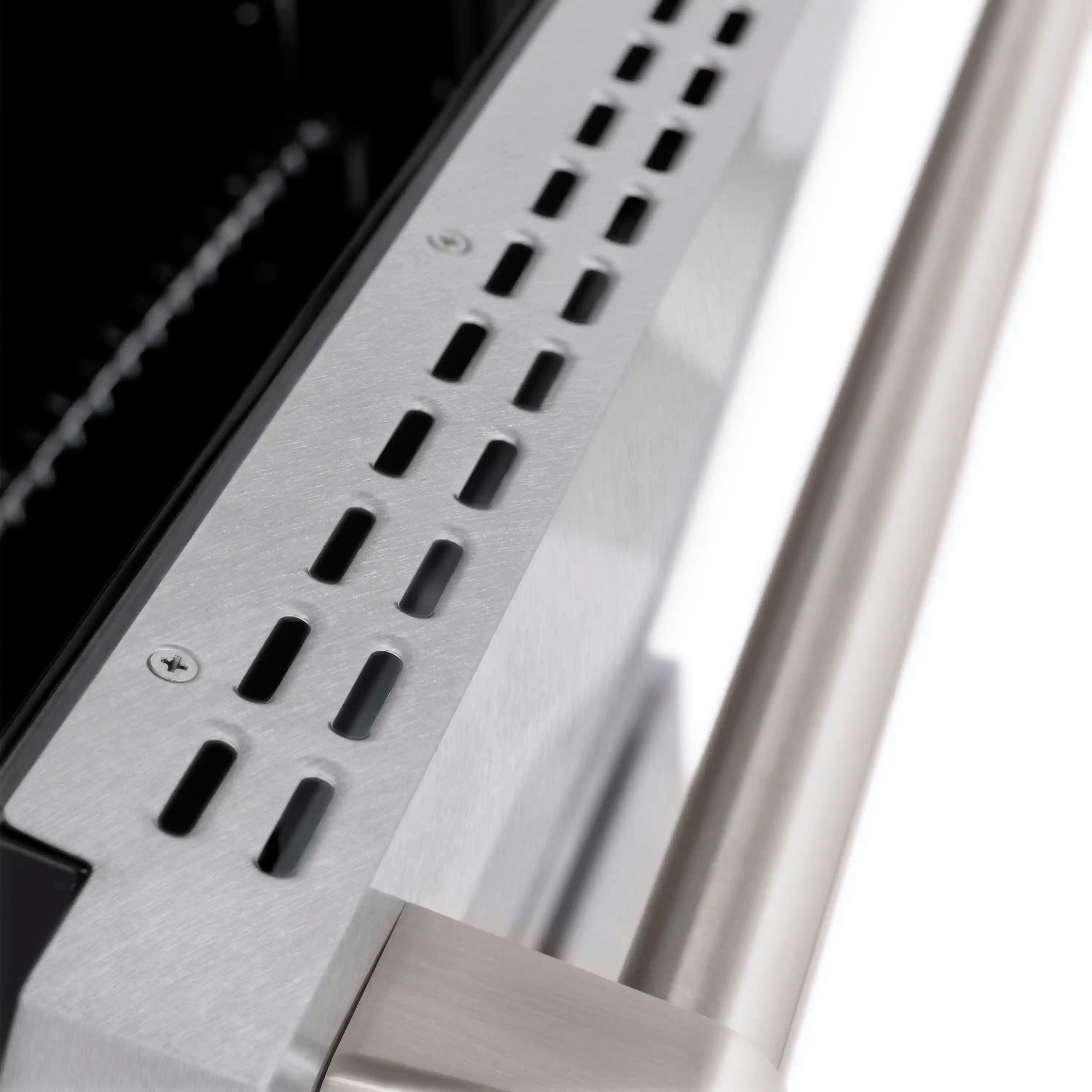 Satin stainless steel range side panel with perforated vent slots