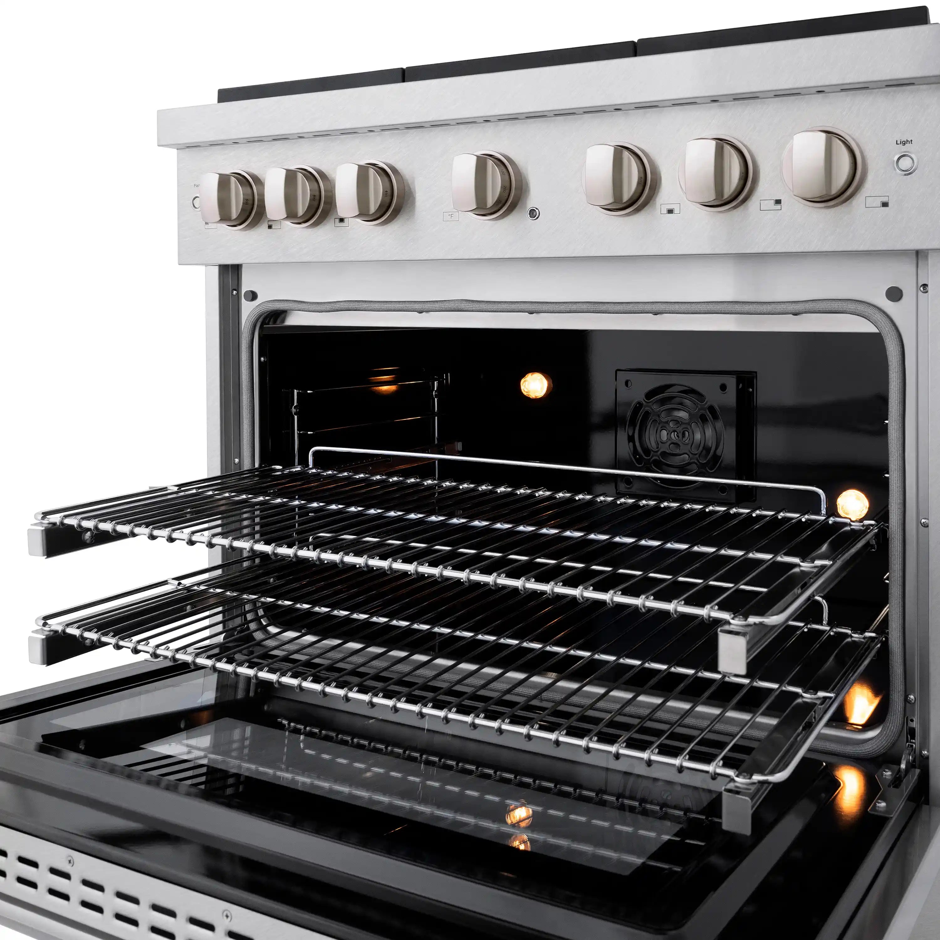 Satin stainless steel range with open convection oven and wire racks inside