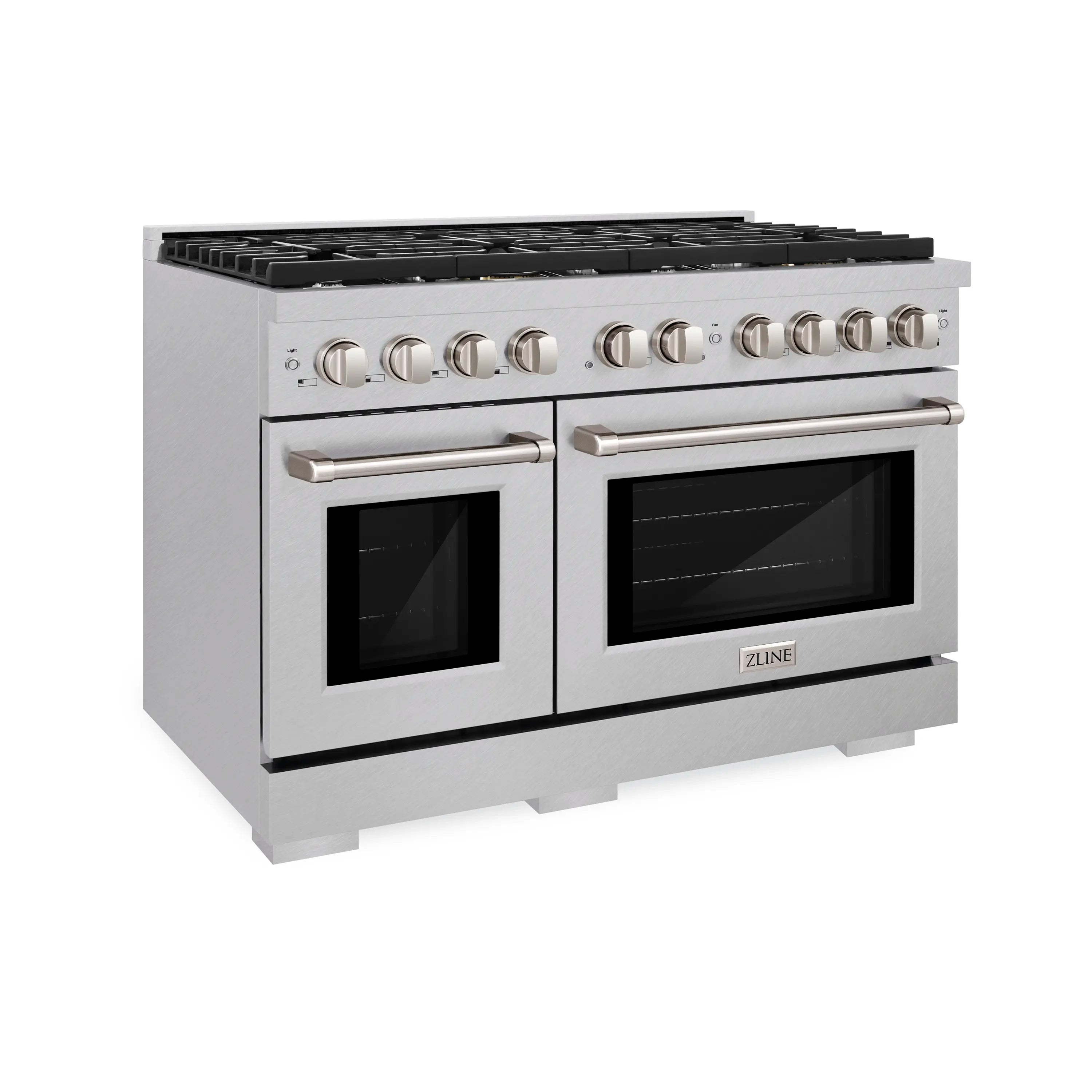 Satin stainless steel dual-oven range with twin glass doors and control knobs
