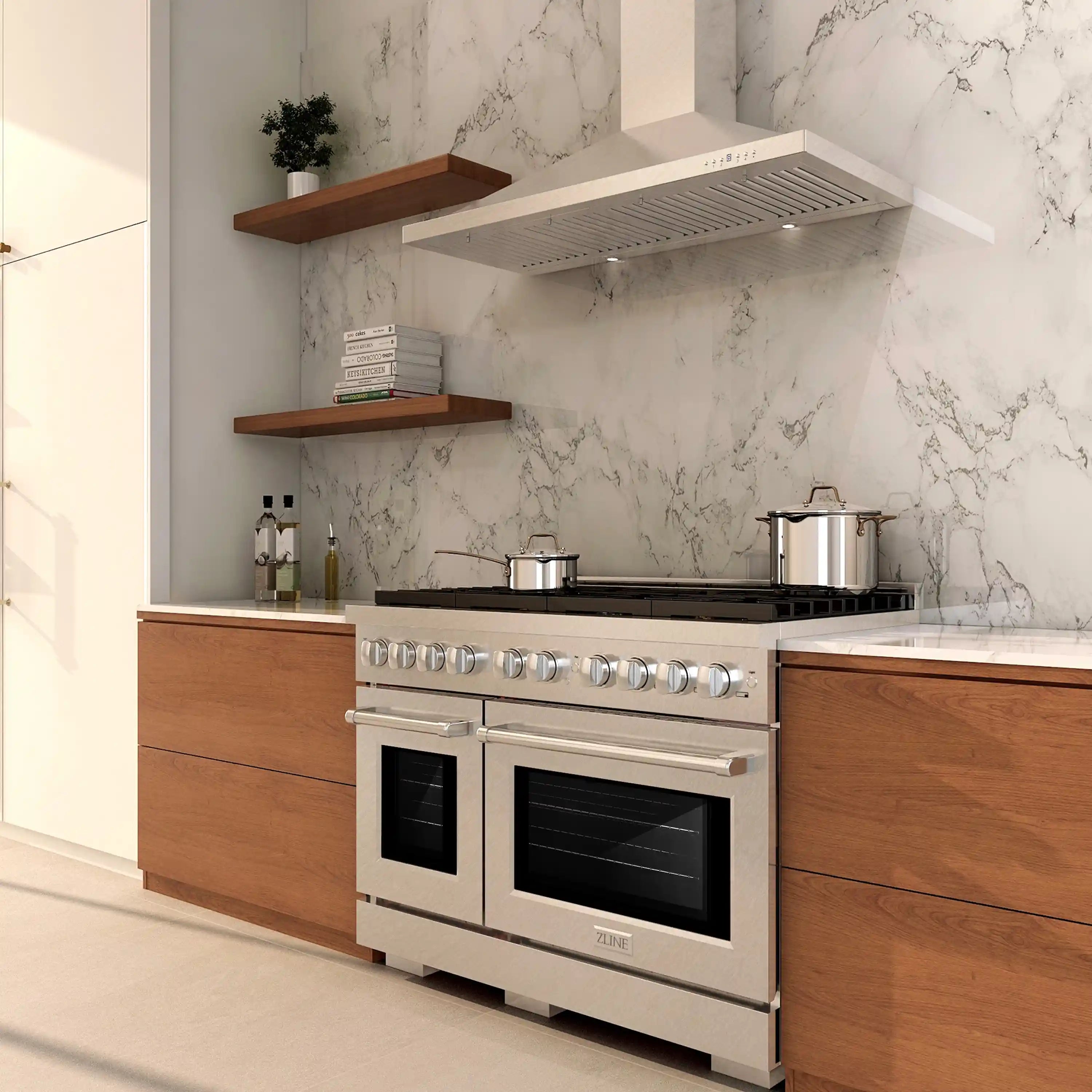 Satin stainless steel dual-oven range with control knobs and two glass oven doors