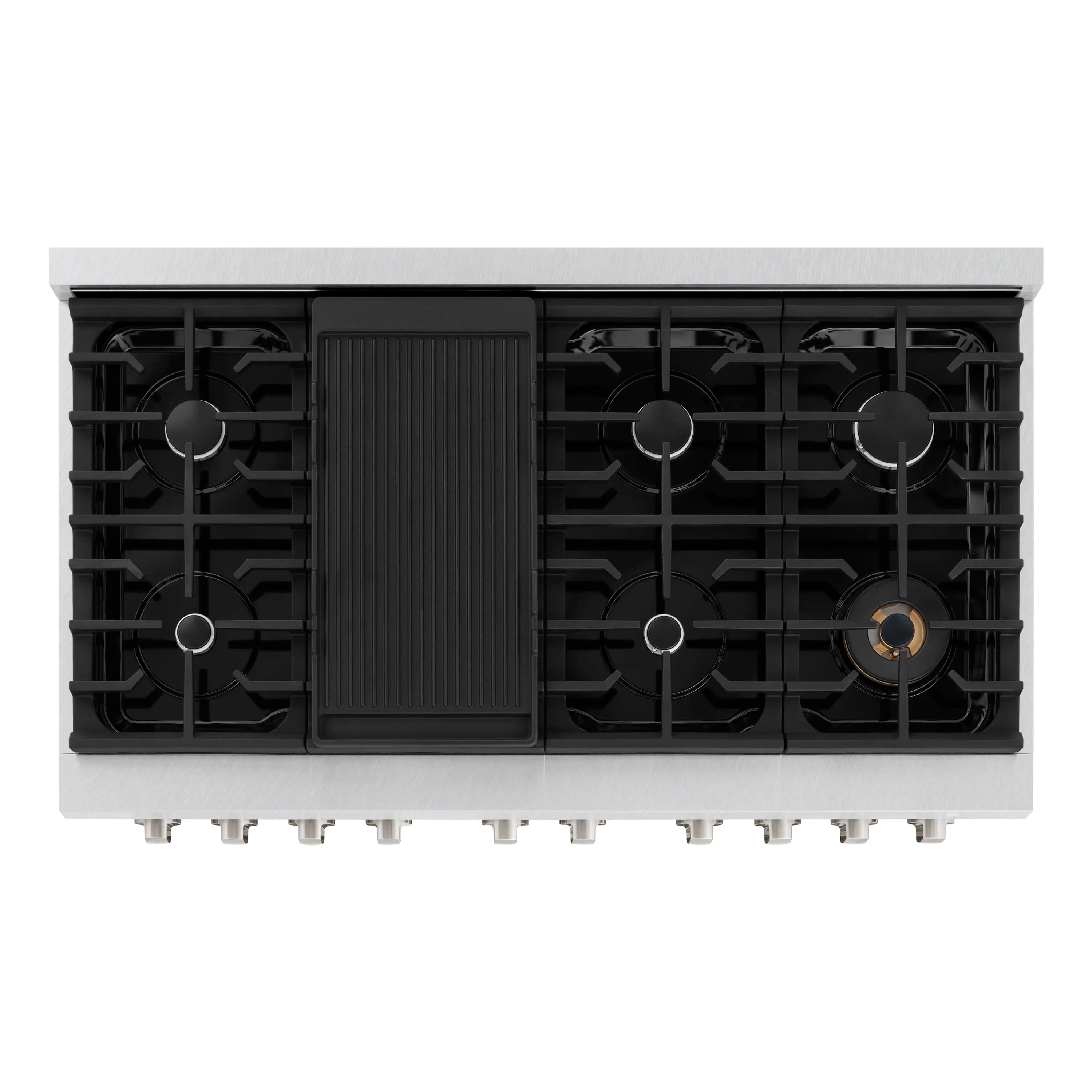 Black gas cooktop with grates and center griddle insert