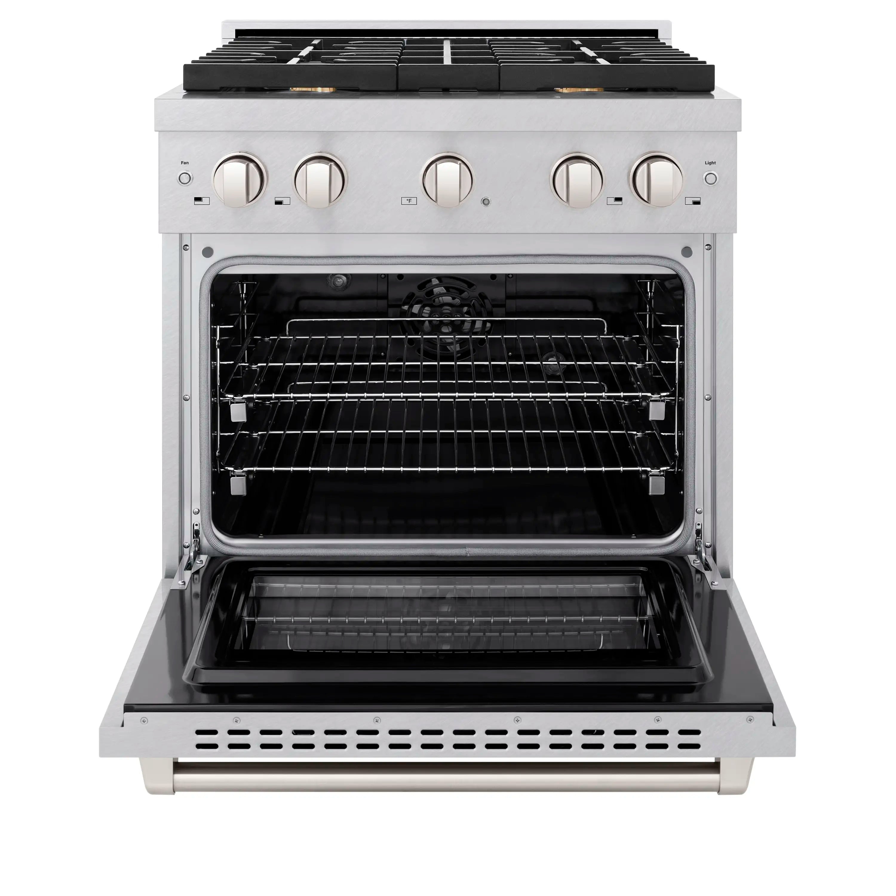 Dual fuel range with open electric convection oven and four burner cooktop