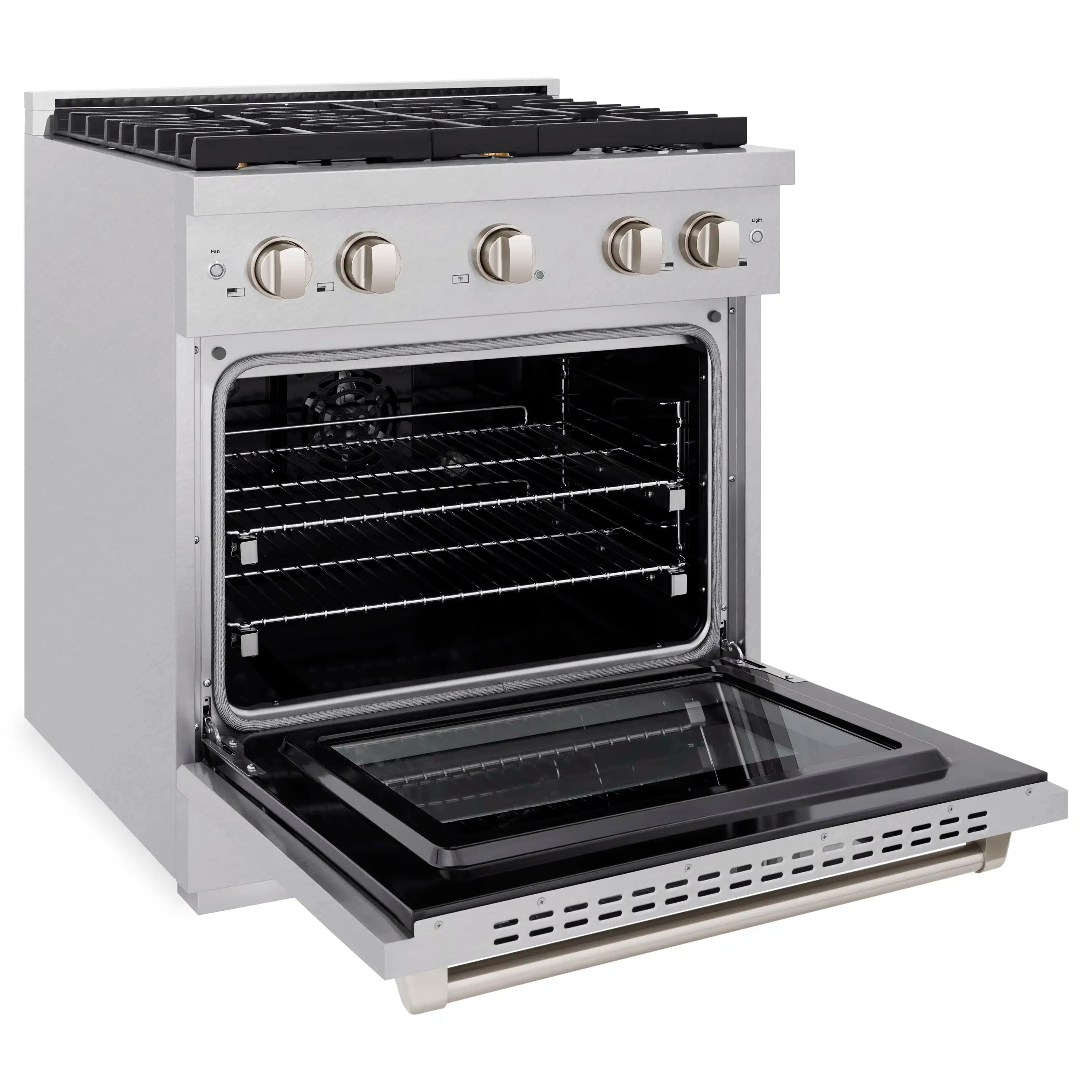 Dual fuel range with open oven door and black glass window