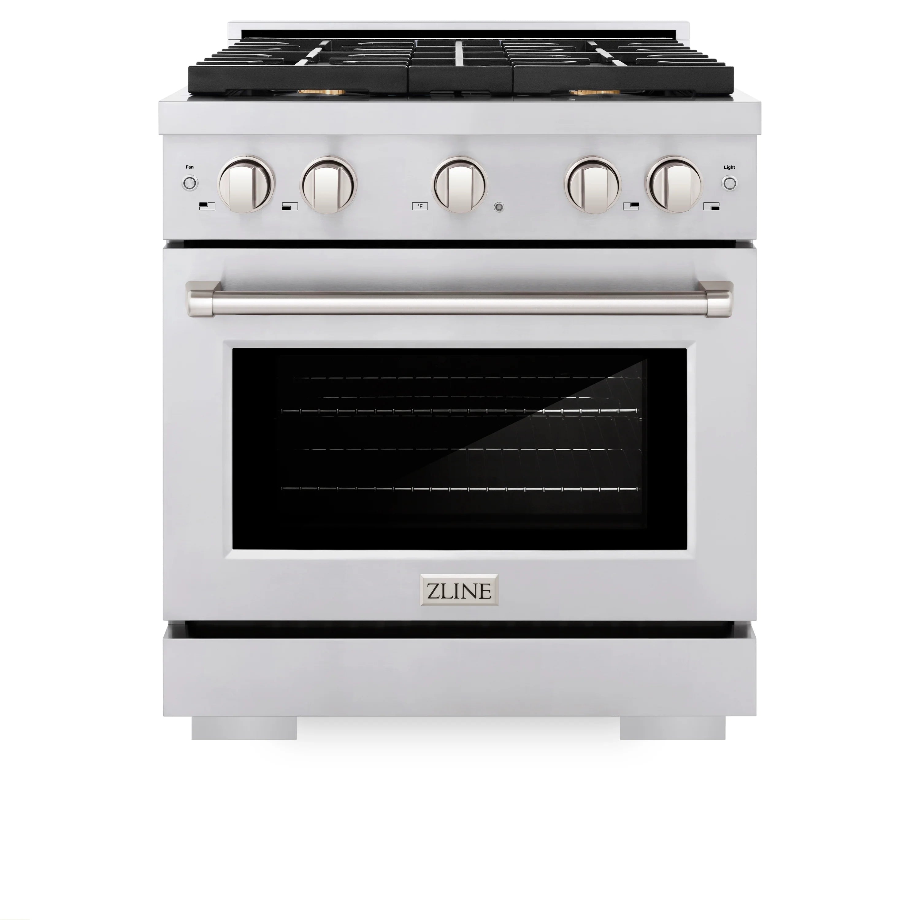Stainless steel gas range with four brass-toned control knobs and convection oven door