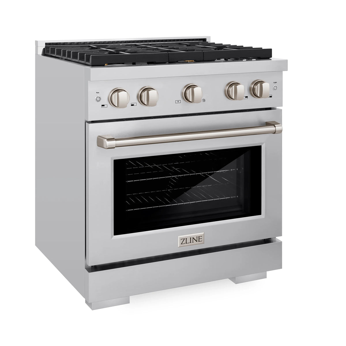 Stainless steel gas range with four brass-toned knobs, handle, and closed oven door