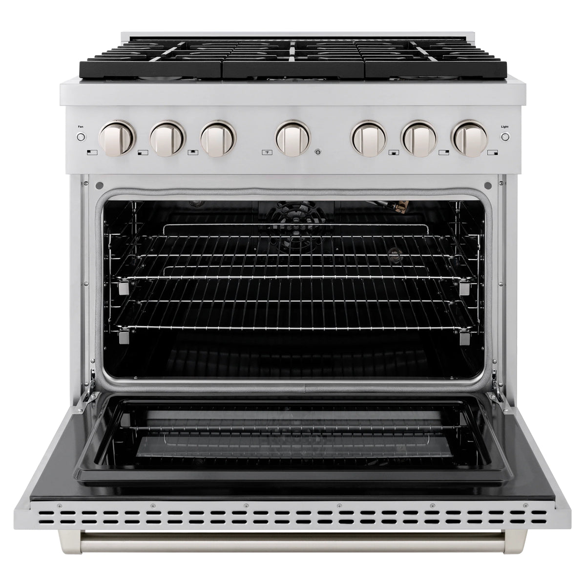Stainless gas range with convection oven, black grates and control knobs