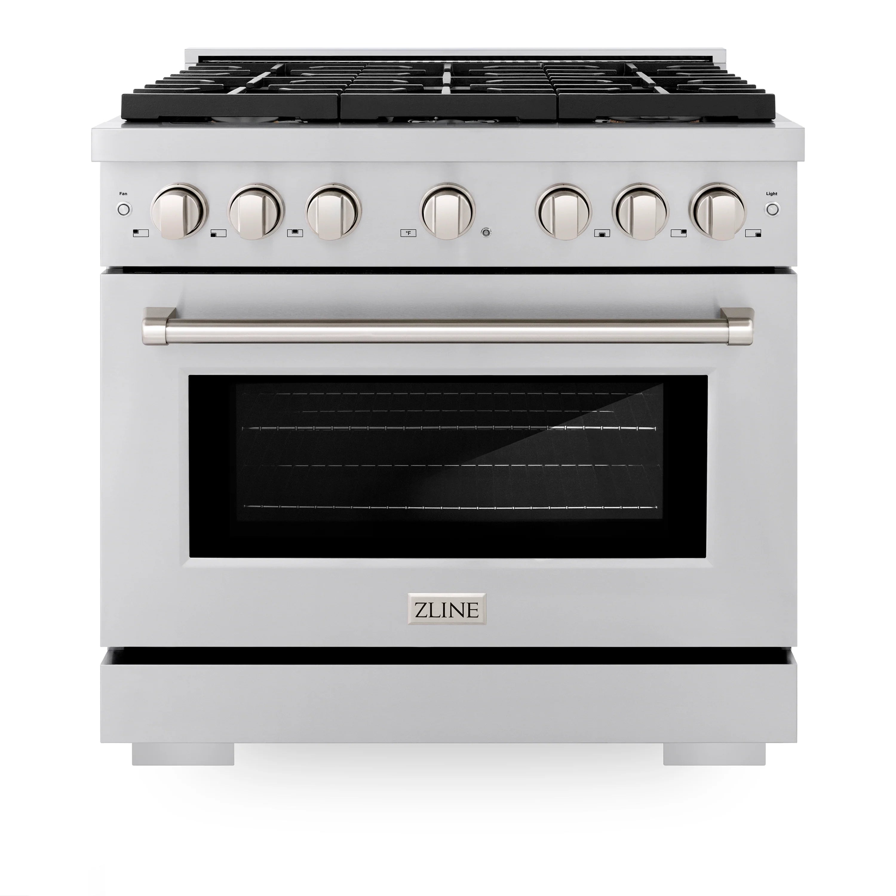 Stainless steel gas range front with oven window and black grates, control knobs