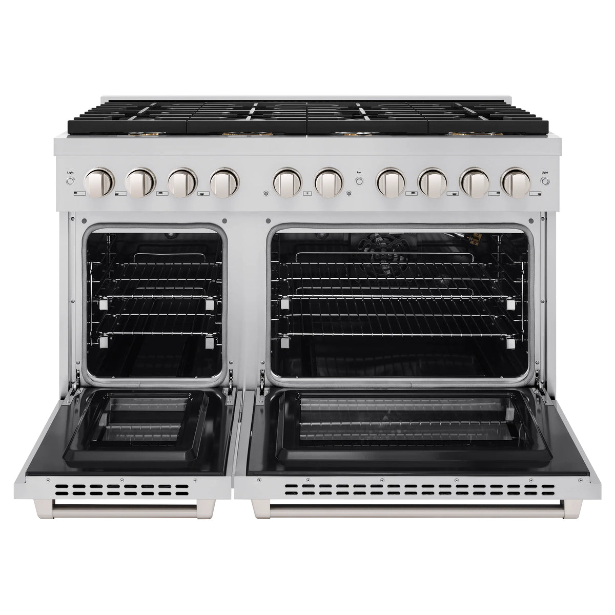 Stainless steel dual fuel range with open double oven doors and visible racks