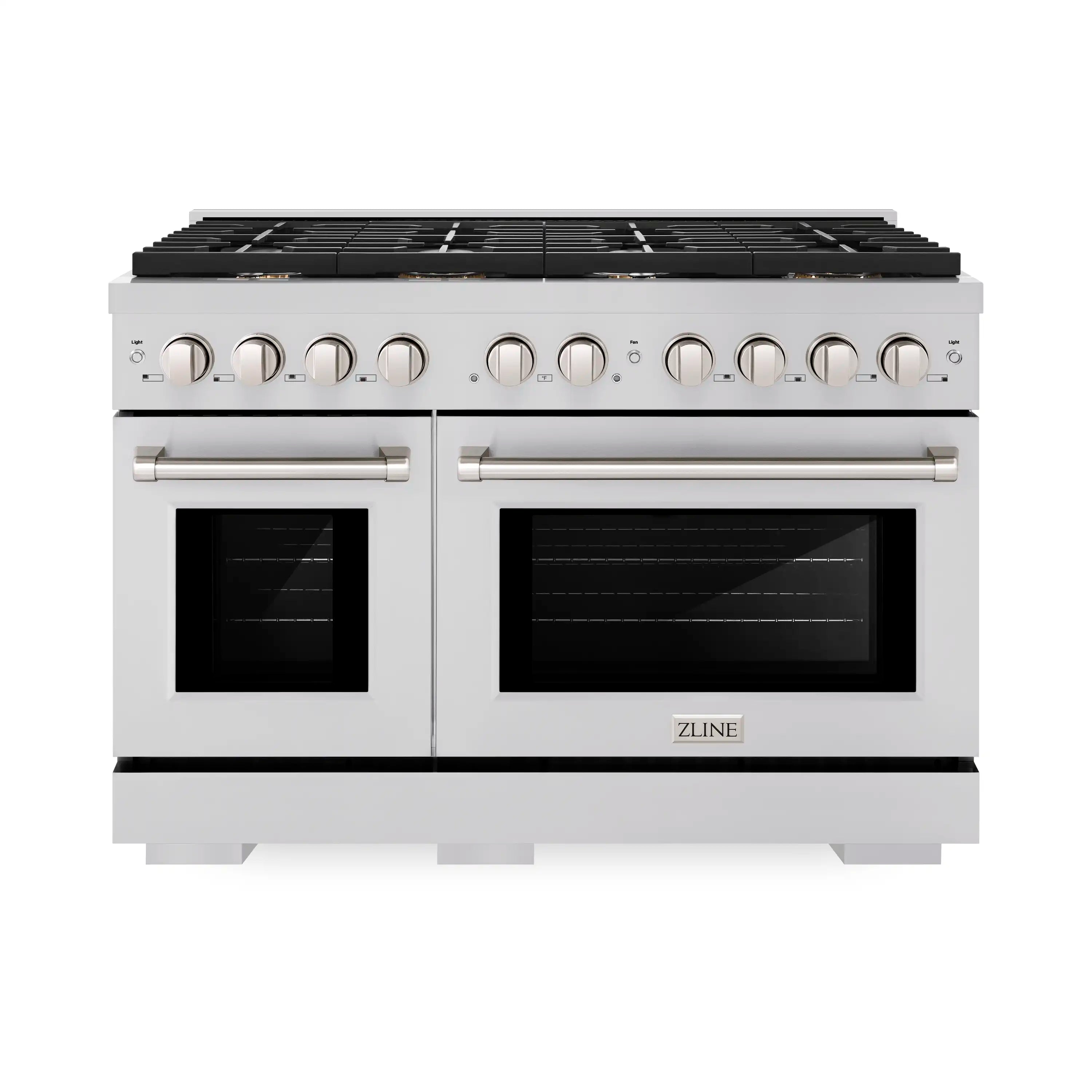 Stainless steel double gas oven range with eight brass burners, front control knobs and grates