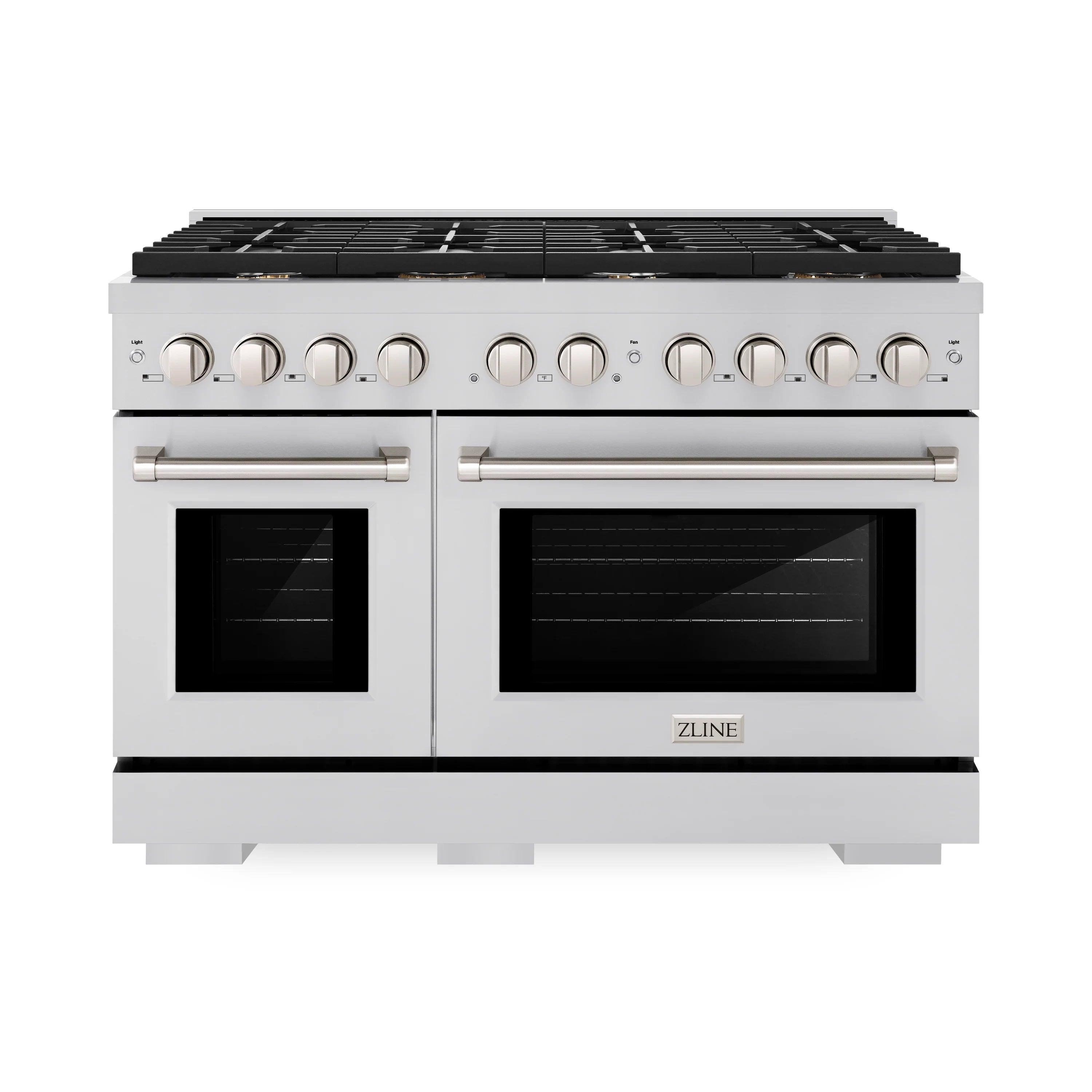 Stainless steel dual fuel range with dual ovens and side-by-side door windows