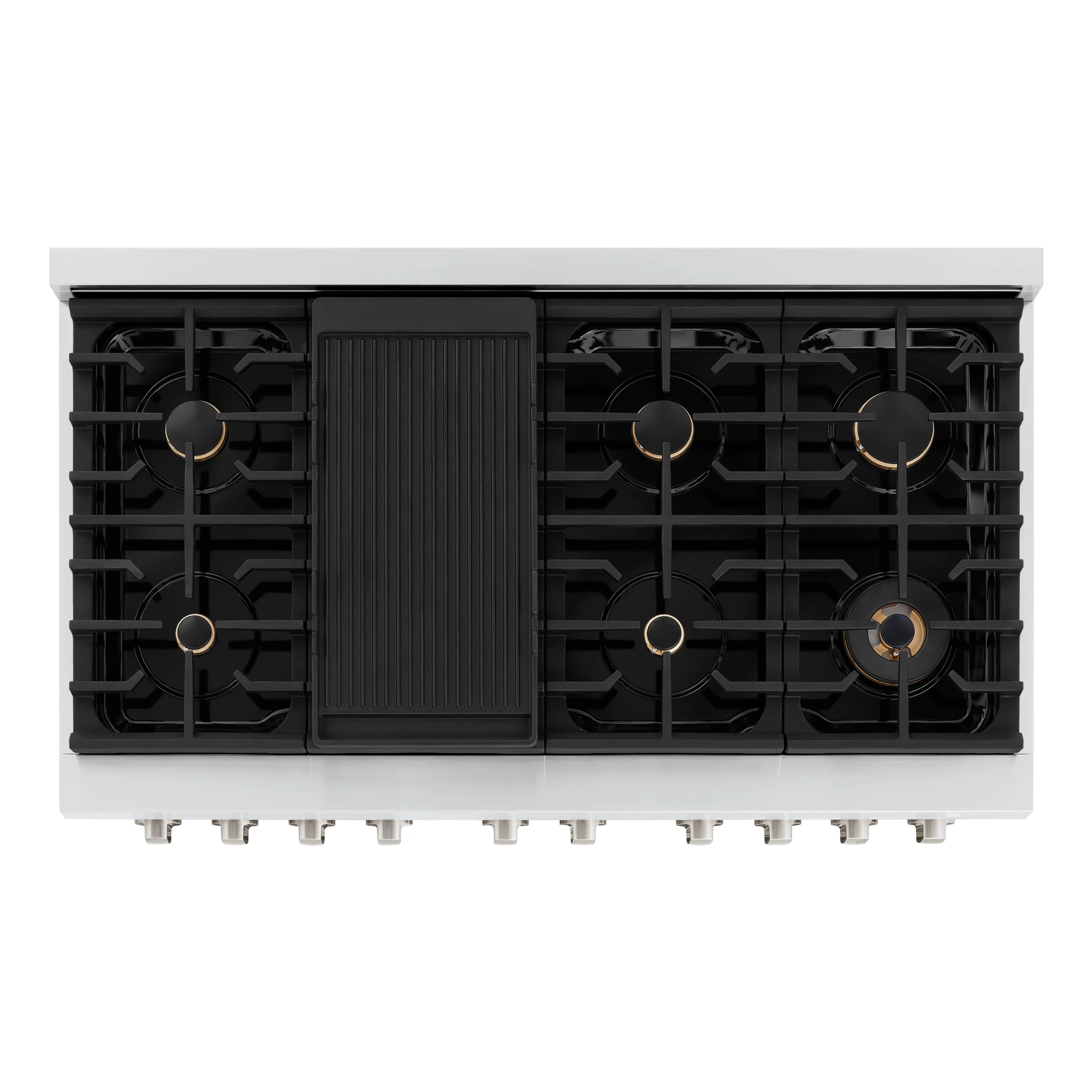 Gas cooktop with multiple black burner caps and brass burners, front view