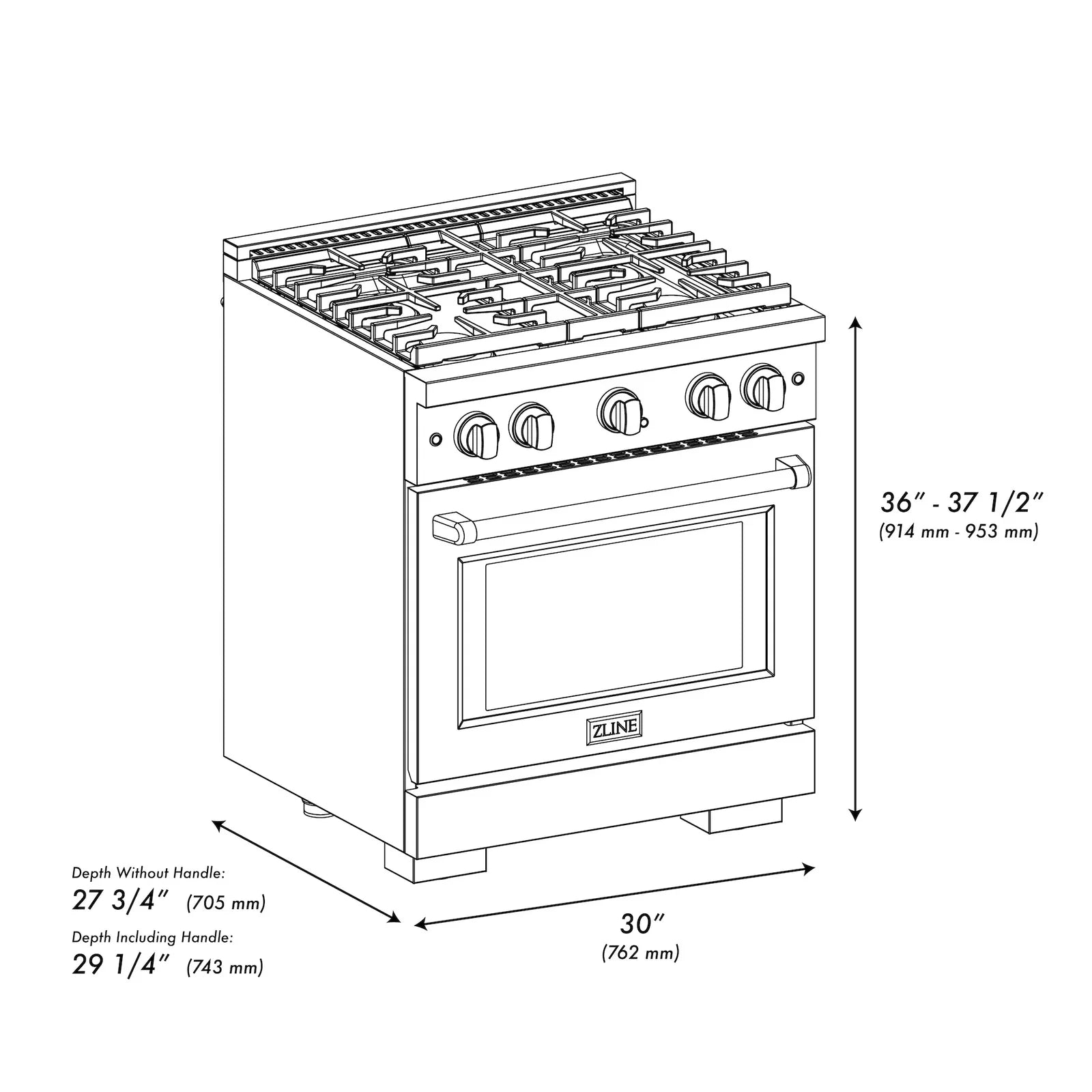 ZLINE 30-inch gas range with hood, shown with measurements diagram