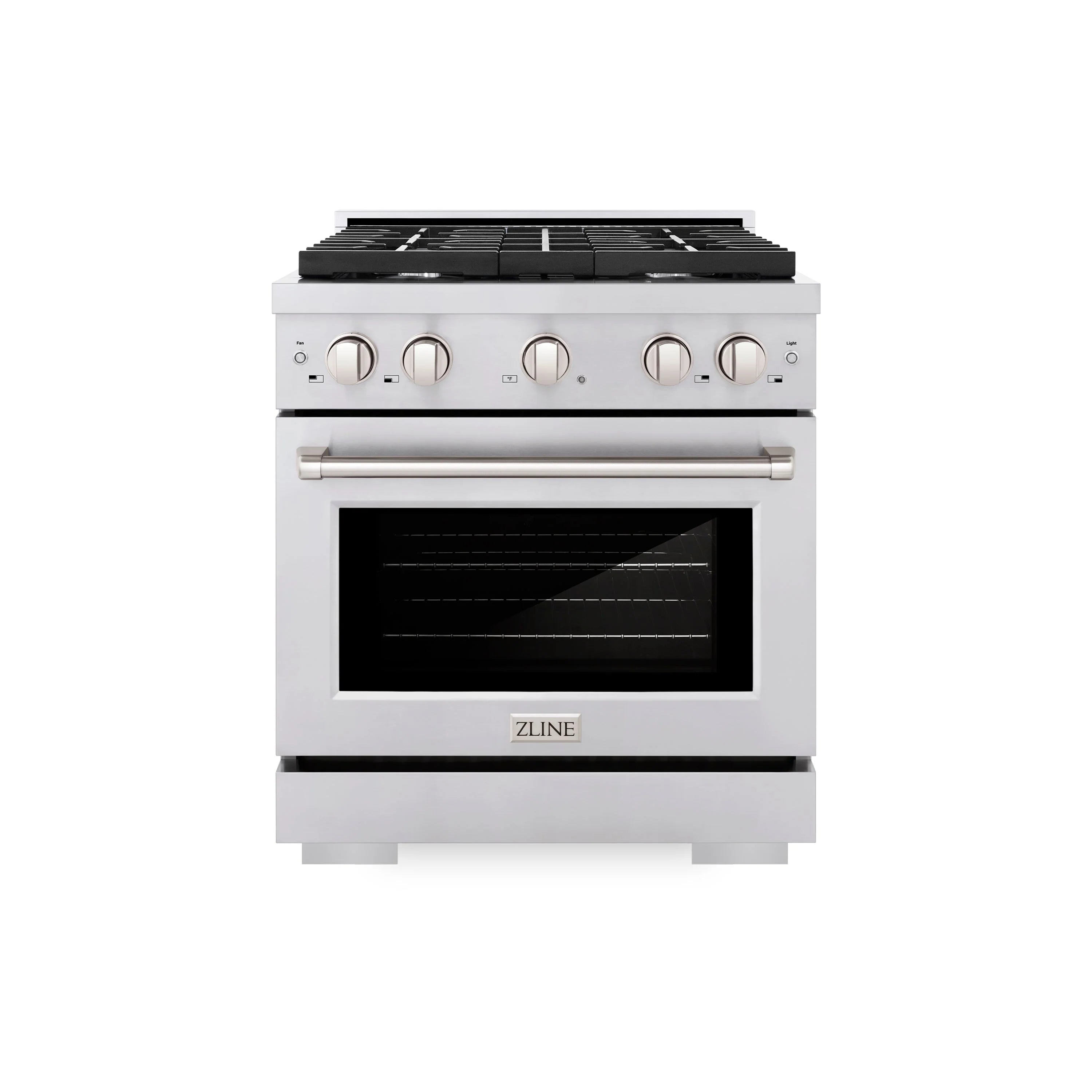 Stainless steel gas range with oven door, control panel, and backguard, front view