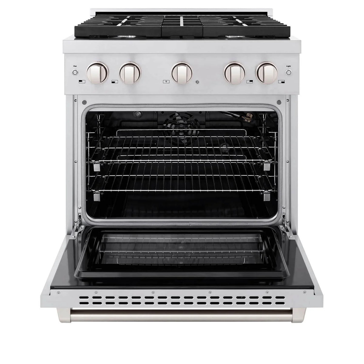Stainless steel gas range with open convection oven door and interior racks