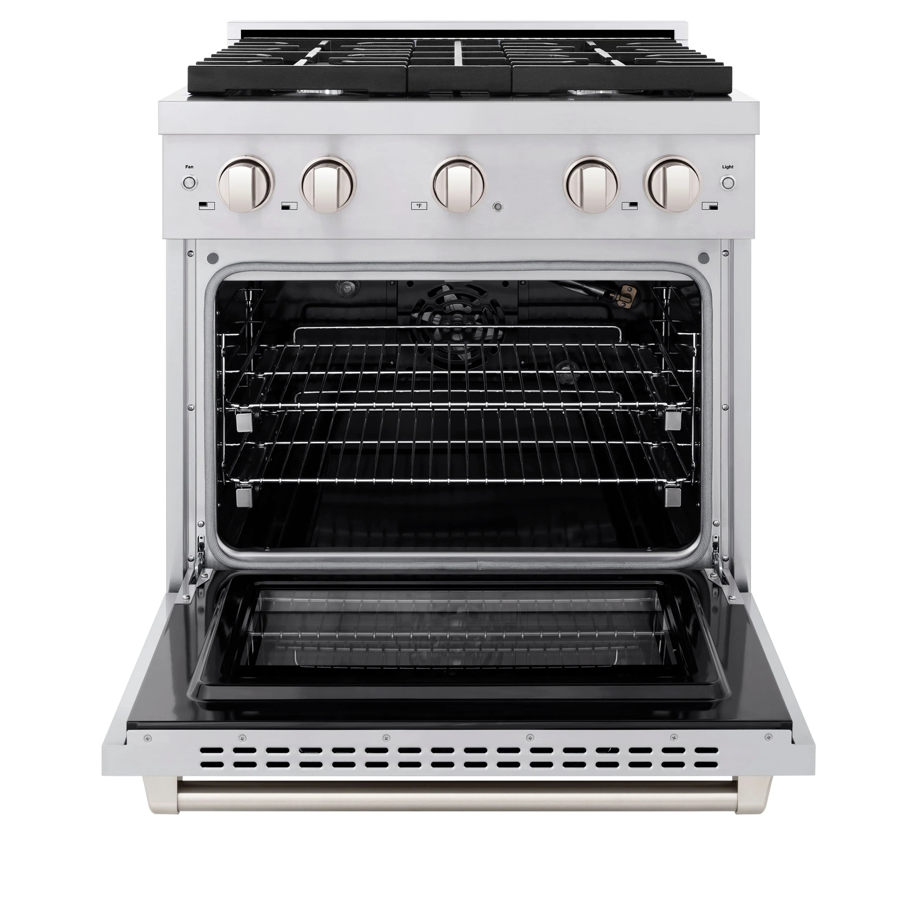 Stainless steel gas range with oven door open showing full oven racks