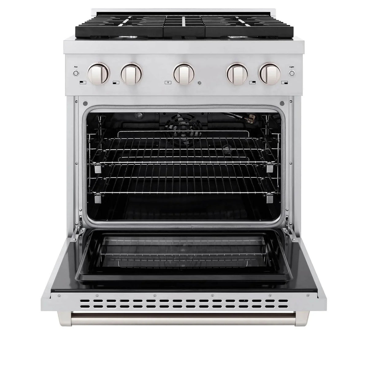 Stainless steel gas range oven with open door and metal cooking racks inside