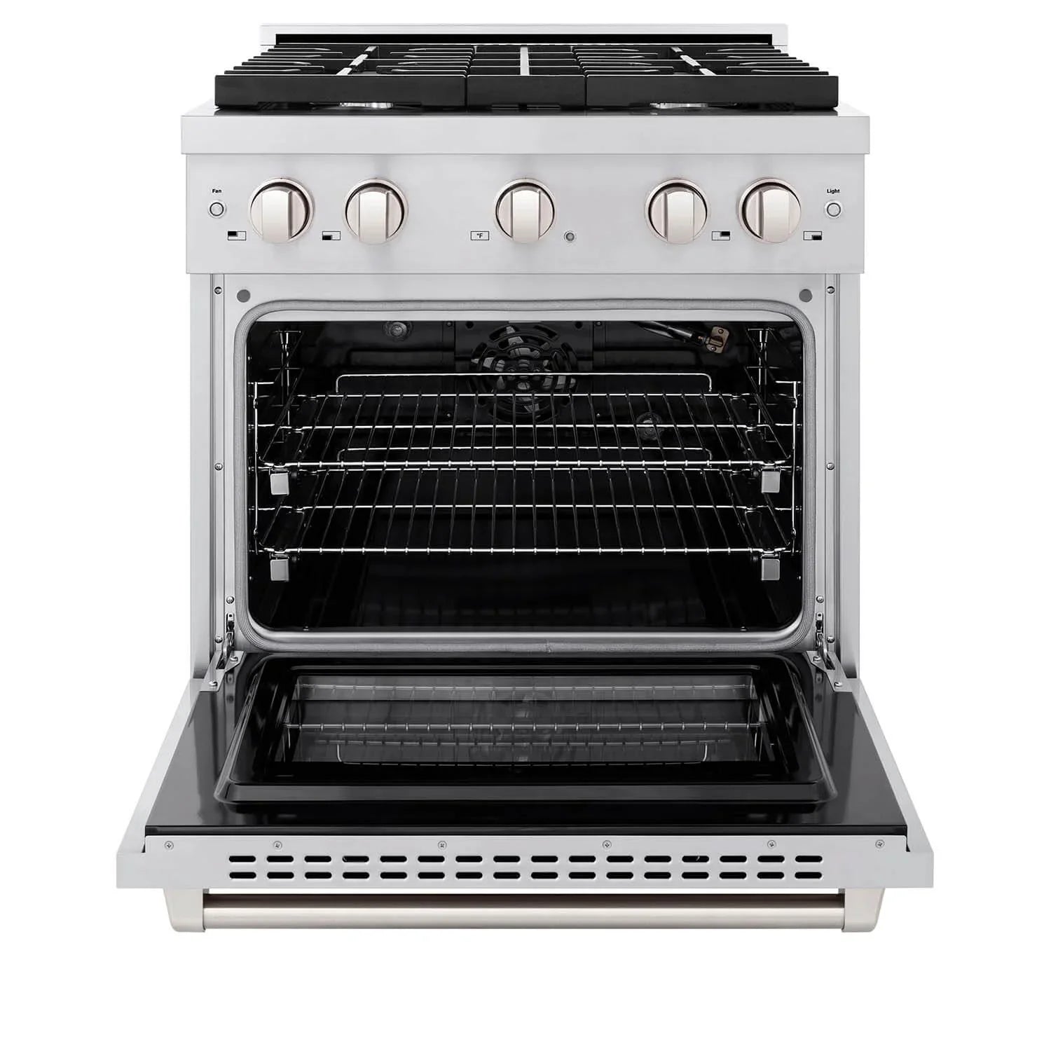 Stainless gas range with open oven door showing racks and black interior cavity