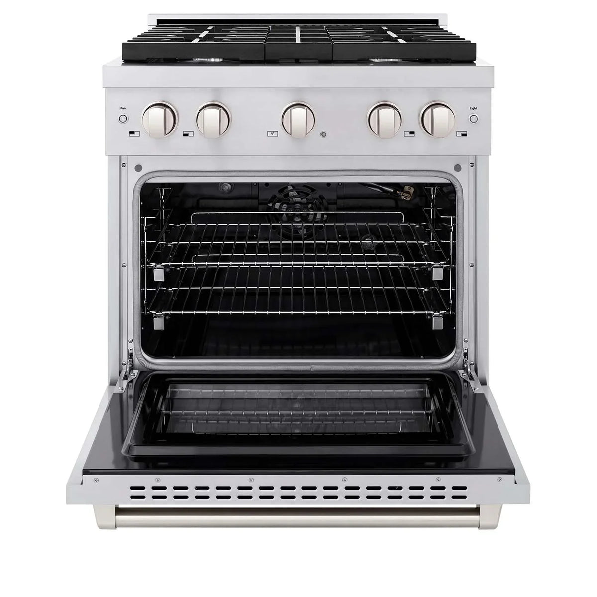 Stainless steel gas range with open oven and baking rack