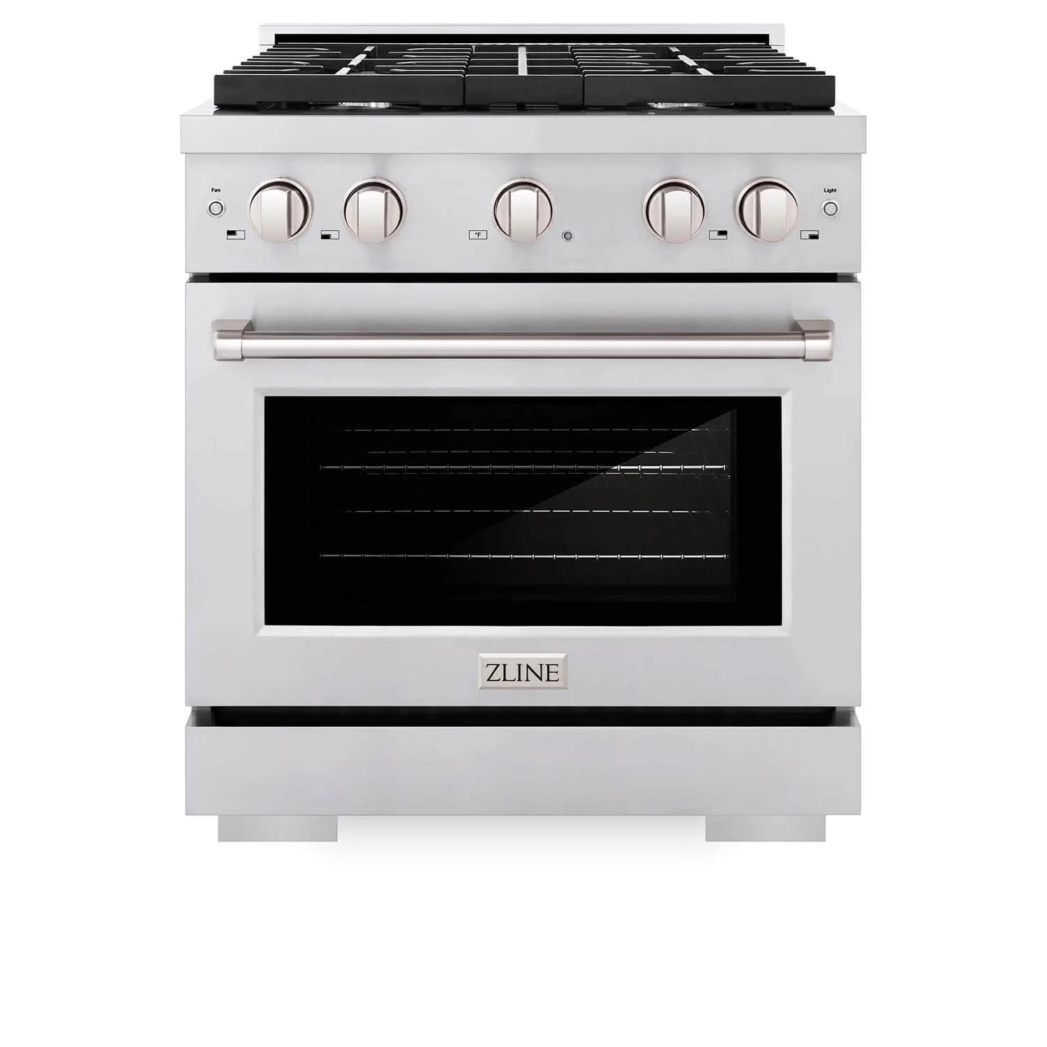 Stainless steel freestanding gas range with four burner grates and oven door