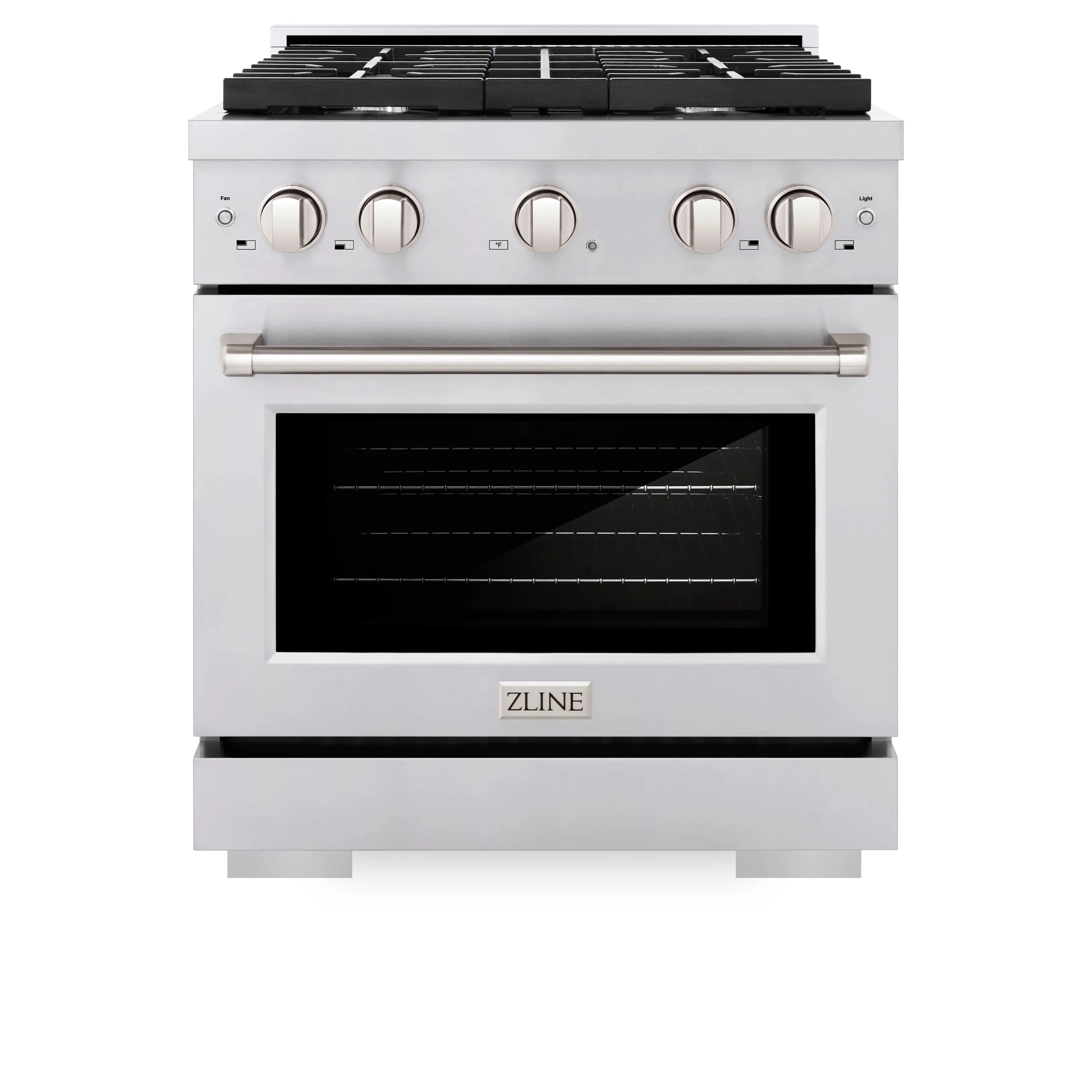 Stainless steel gas range with four burners, control knobs, and oven window