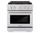 ZLINE 4-Piece Appliance Package - 30-Inch Gas Range, Refrigerator, Convertible Wall Mount Hood, and Microwave Oven in Stainless Steel (4KPR-SGRRH30-MO)