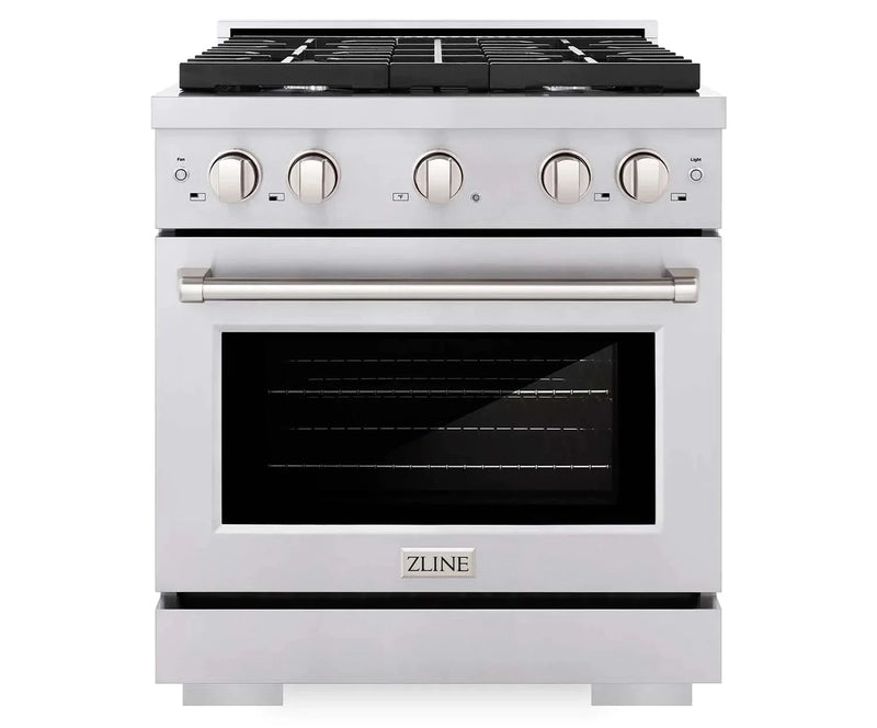 ZLINE 4-Piece Appliance Package - 30-Inch Gas Range, Refrigerator, Convertible Wall Mount Hood, and Microwave Drawer in Stainless Steel (4KPR-RGRH30-MW)