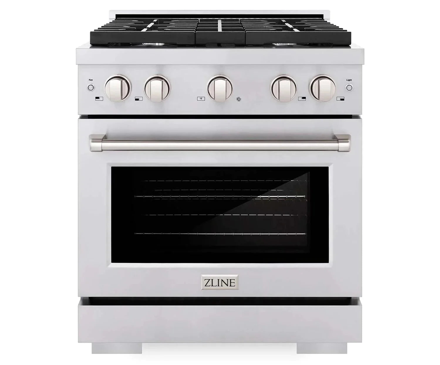 Stainless steel freestanding gas range with control knobs and oven door