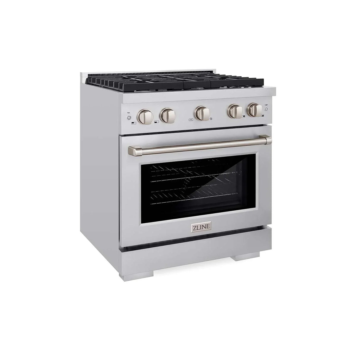 Stainless steel gas range with oven window and front control panel