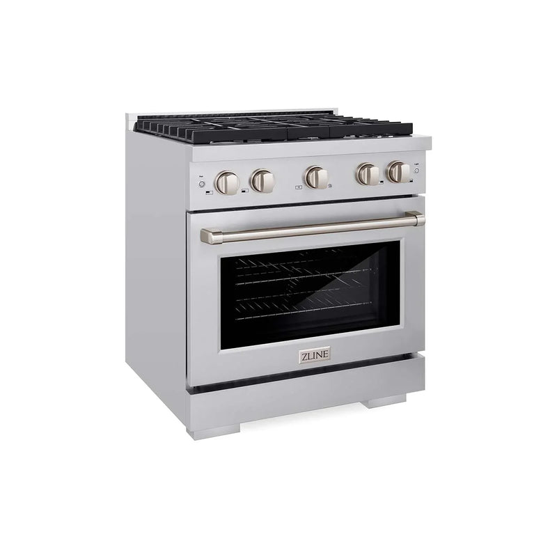 ZLINE 4-Piece Appliance Package - 30-Inch Gas Range, Refrigerator, Convertible Wall Mount Hood, and 3-Rack Dishwasher in Stainless Steel (4KPR-SGRRH30-DWV)