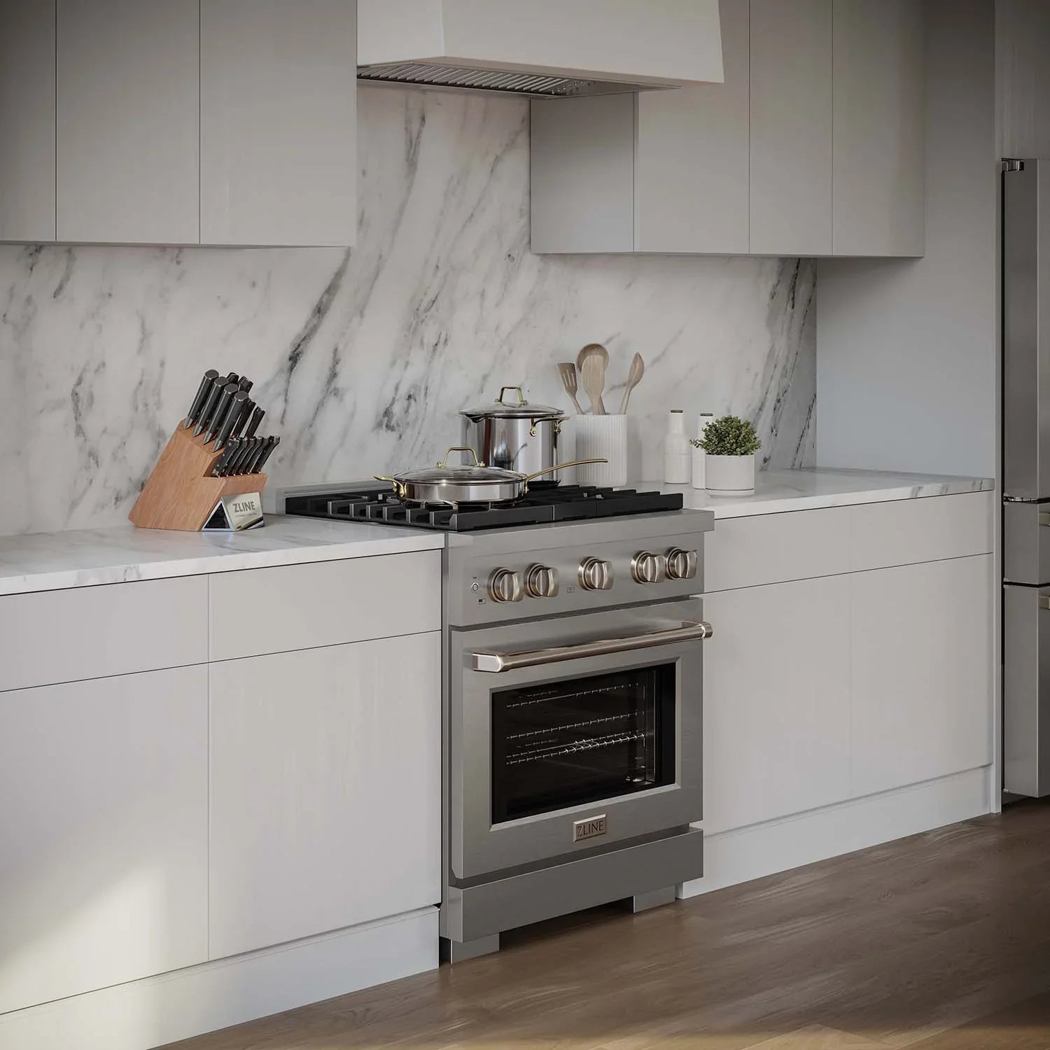 Stainless steel freestanding gas range with open cooktop and oven window