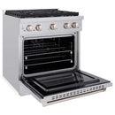 ZLINE 4-Piece Appliance Package - 30-Inch Gas Range, Refrigerator, Convertible Wall Mount Hood, and Microwave Oven in Stainless Steel (4KPR-SGRRH30-MO)
