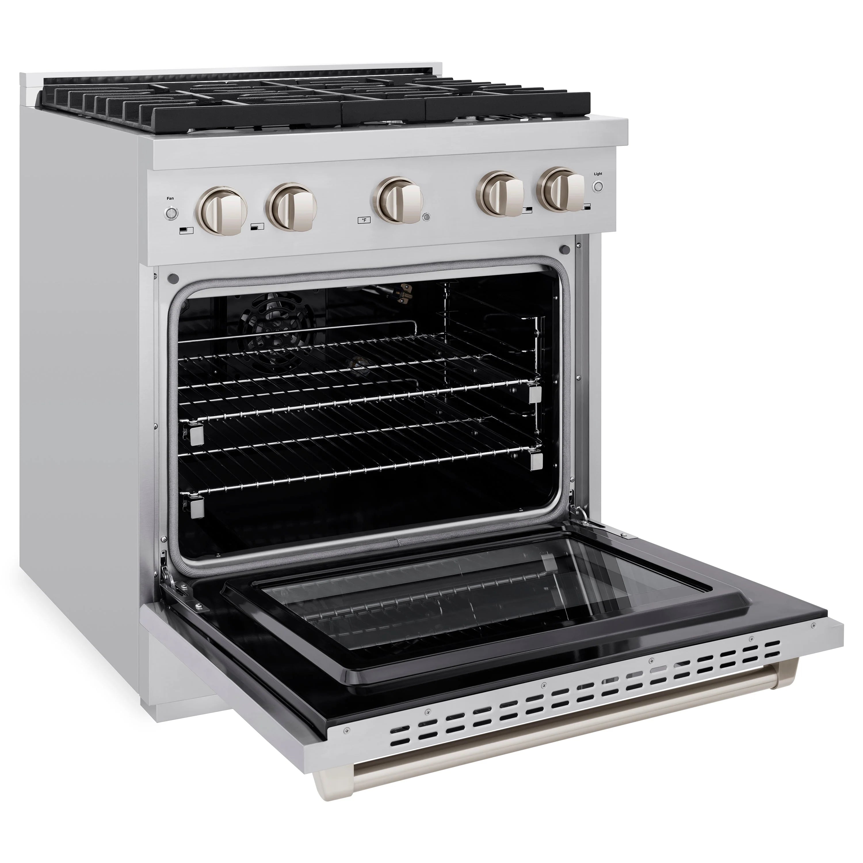 Stainless steel gas range with oven door open showing racks and broil tray
