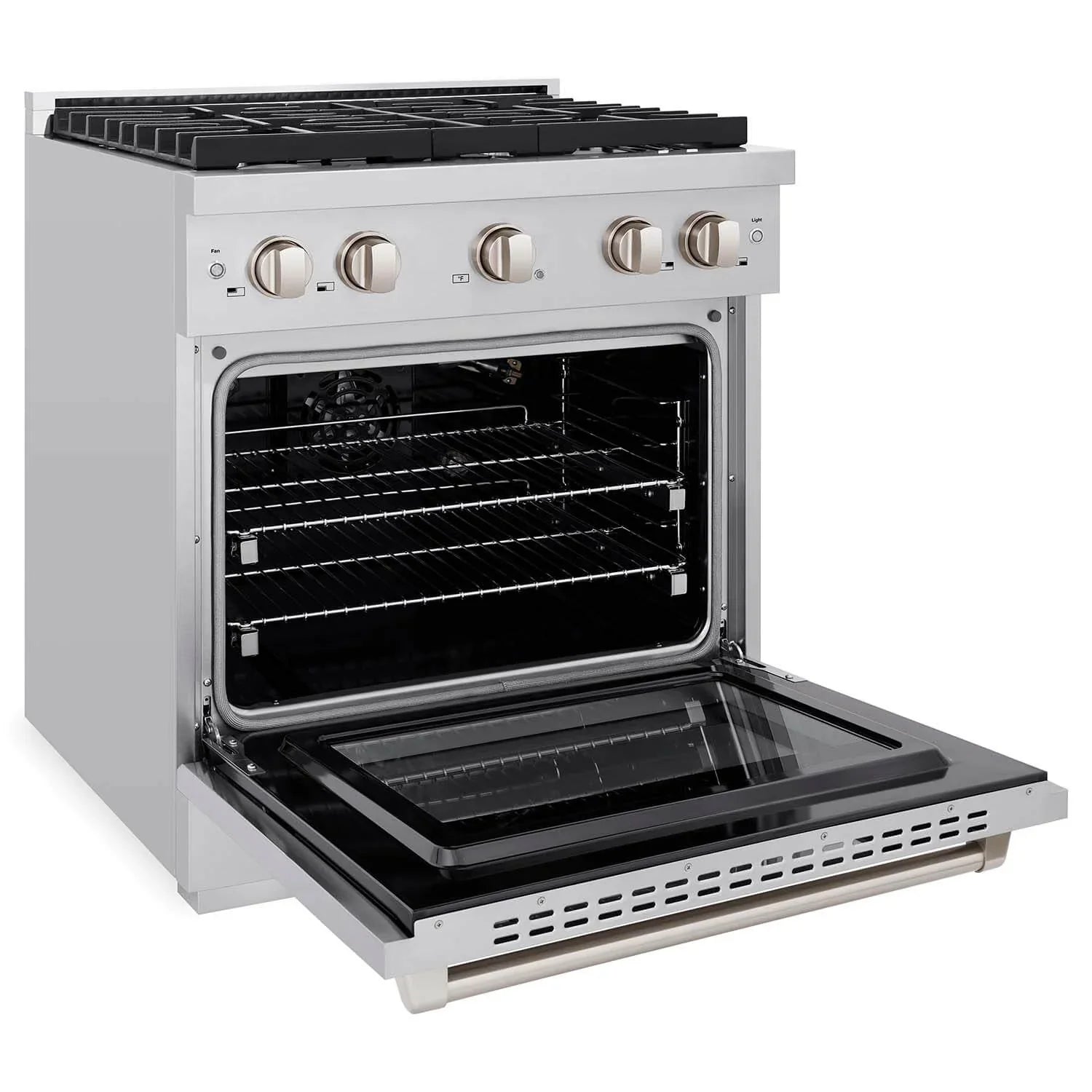 Stainless gas range with open oven door and pull-out rack/broiler tray extended