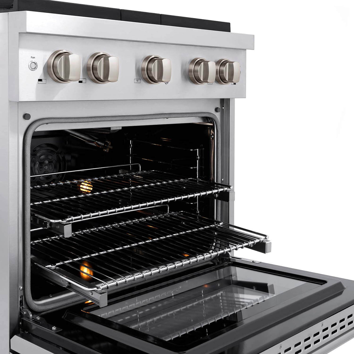Stainless steel convection oven with interior racks and open door