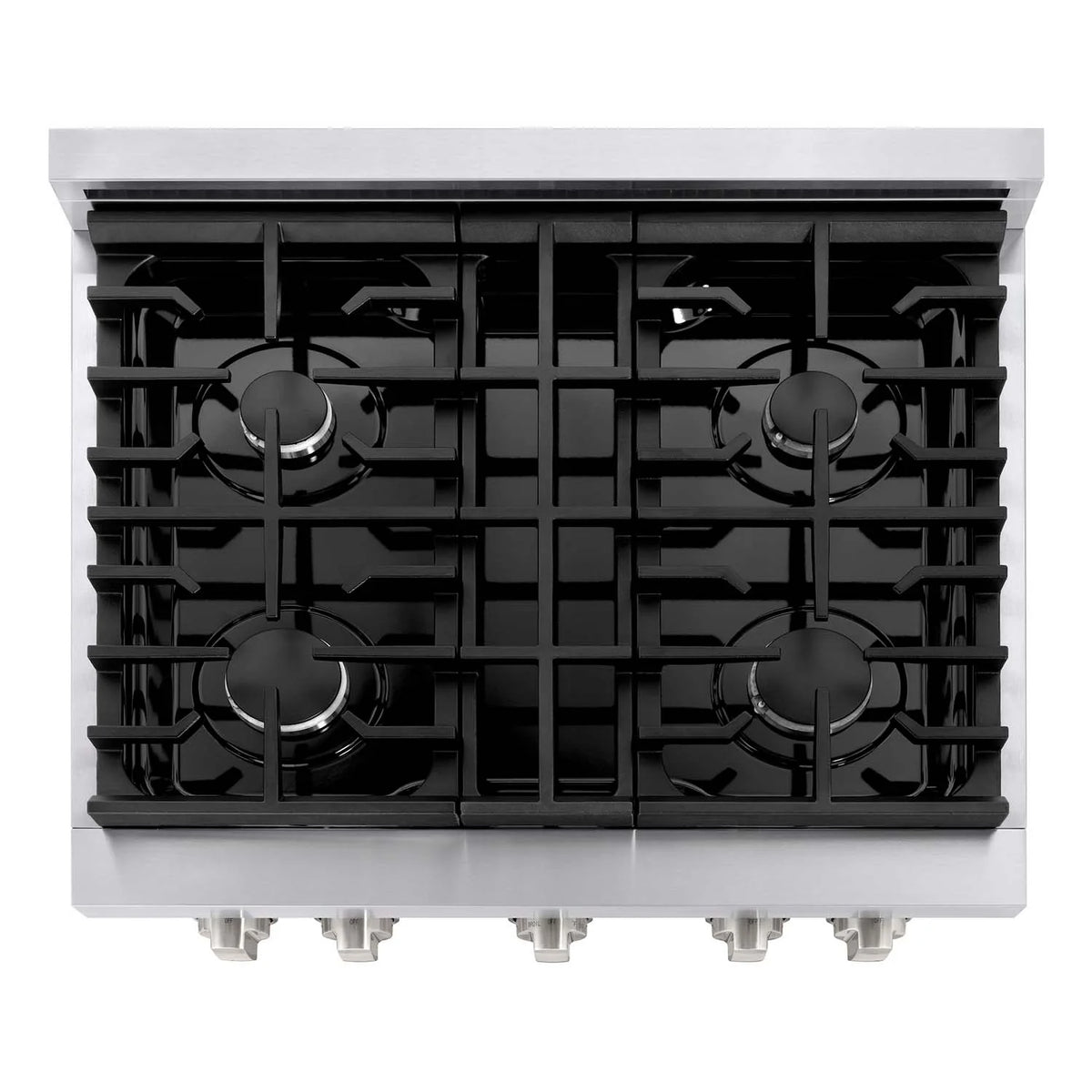 Stainless steel four-burner cooktop with black grates and control knobs