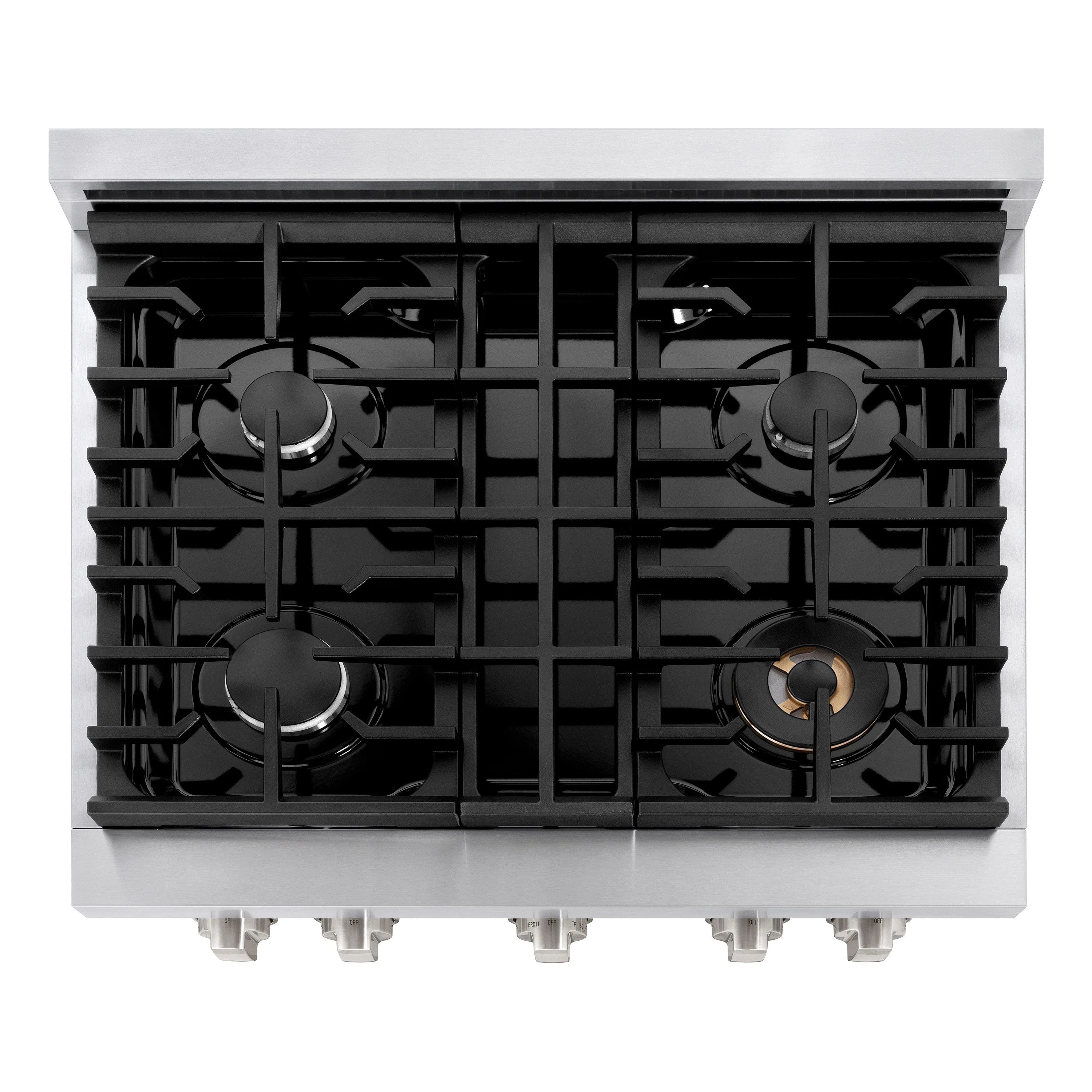Stainless steel gas cooktop with four black burner grates and burner caps