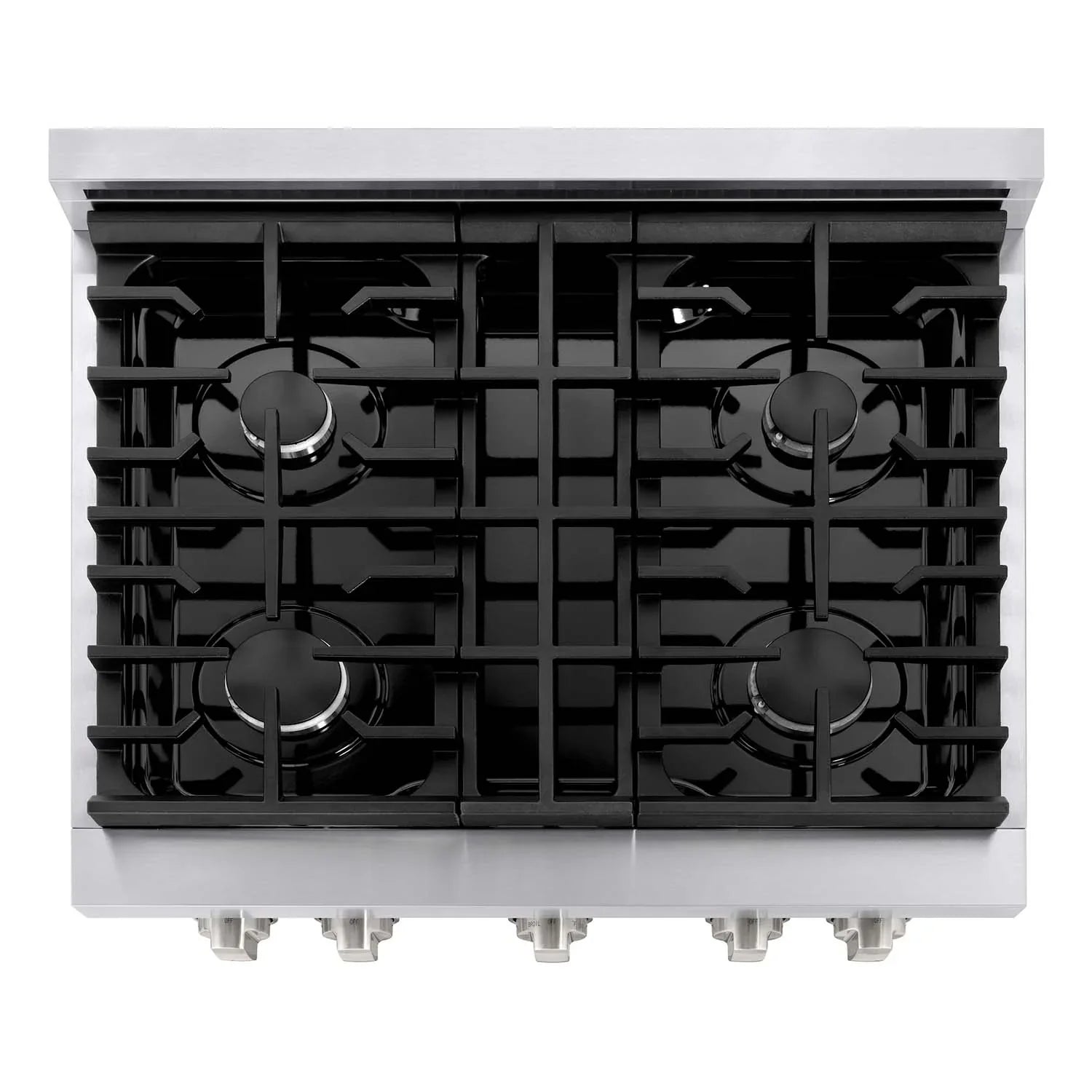 Black gas cooktop with four burners and cast-iron grates